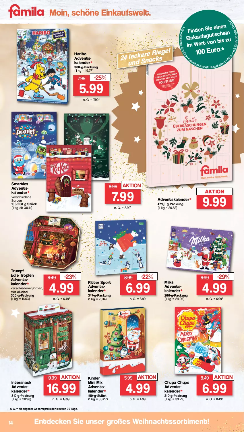 Aktueller Prospekt Famila - Prospekte - von 14.11 bis 19.11.2022 - strona 14 - produkty: Adventskalender, alkohol, chupa, chupa chups, decke, eis, gutschein, haribo, Kinder, milka, reis, riegel, ritter, ritter sport, rum, smarties, snack, snacks, Sport, Ti, ZTE