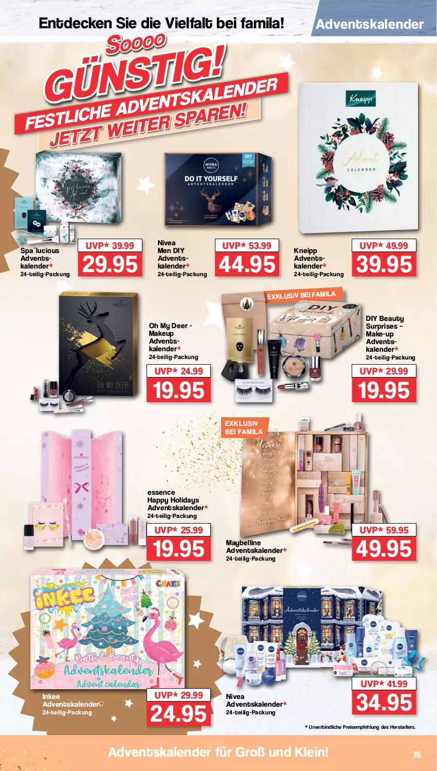 Aktueller Prospekt Famila - Prospekte - von 14.11 bis 19.11.2022 - strona 15 - produkty: Adventskalender, decke, eis, elle, kneipp, Make-up, Maybelline, nivea, Nivea Men, reis, teller