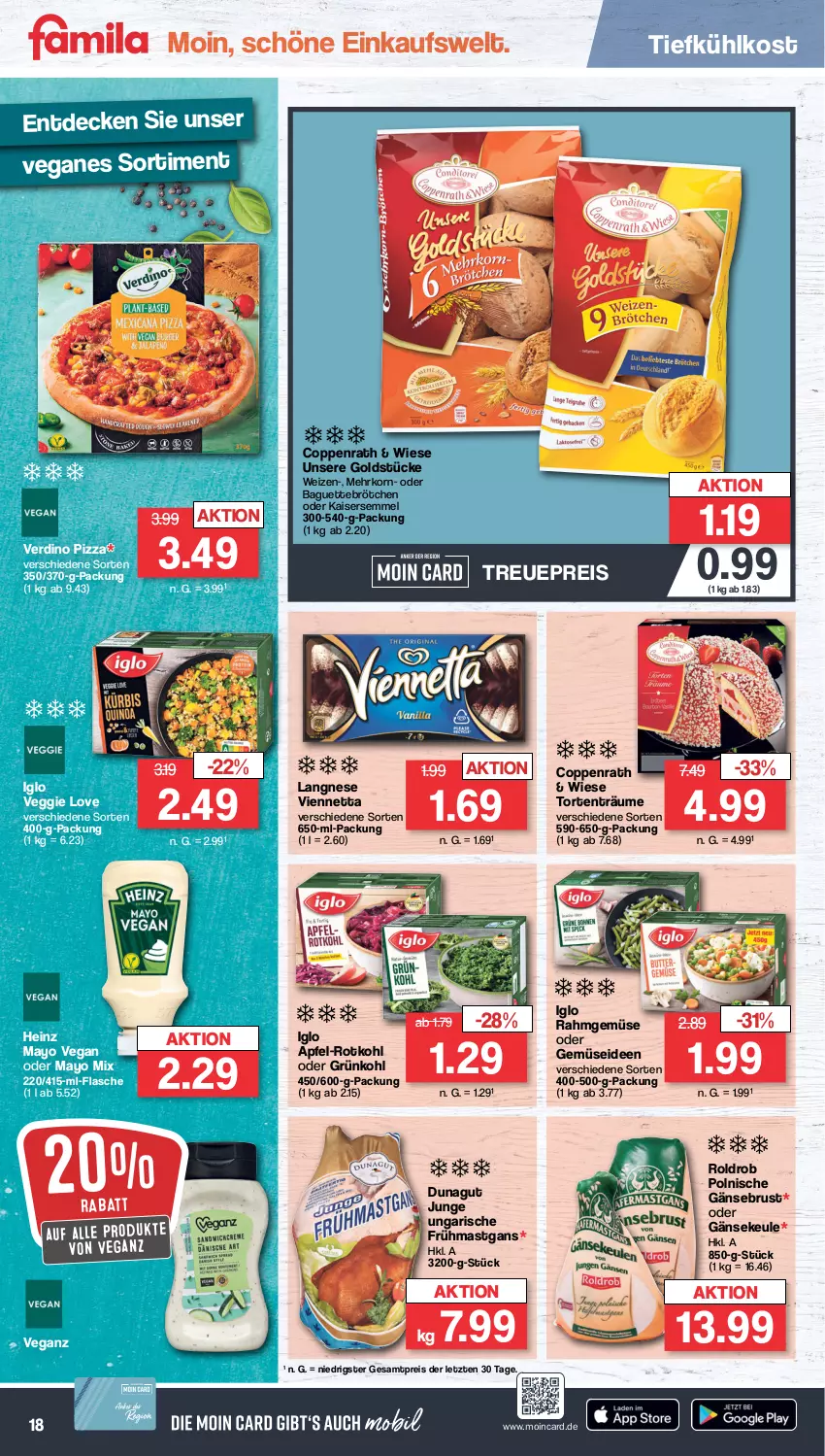 Aktueller Prospekt Famila - Prospekte - von 14.11 bis 19.11.2022 - strona 18 - produkty: apfel, baguette, brötchen, coppenrath, decke, eis, flasche, Gänsebrust, Goldstücke, heinz, iglo, Kaiser, Kaisersemmel, korn, langnese, pizza, Rahmgemüse, reis, rotkohl, Semmel, Ti, tiefkühlkost, torte, veggie, Veggie Love, viennetta, Yo, ZTE