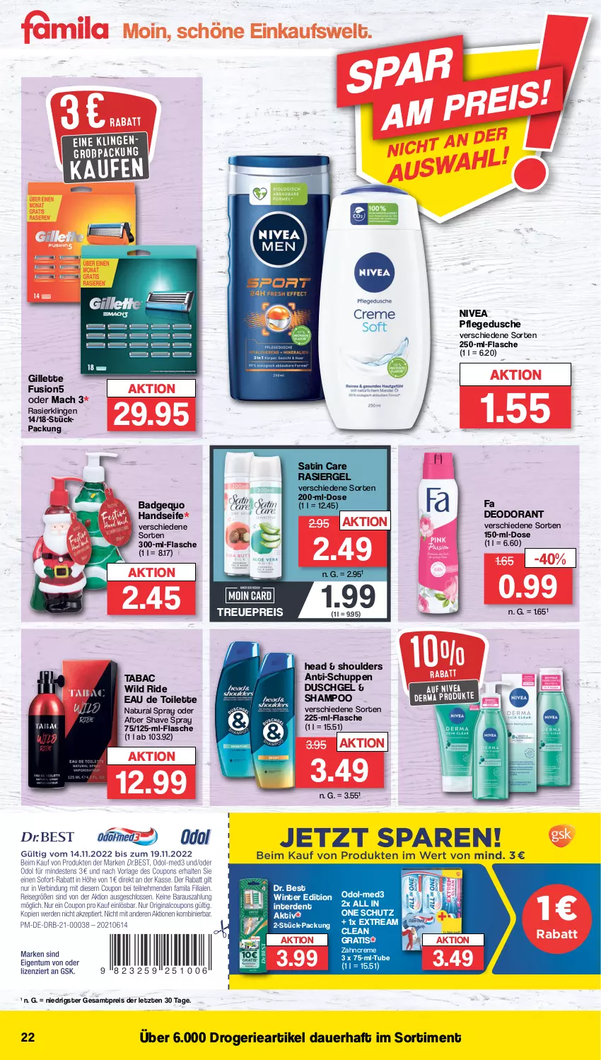 Aktueller Prospekt Famila - Prospekte - von 14.11 bis 19.11.2022 - strona 22 - produkty: after shave, auer, Bad, creme, deo, deodorant, Dr. Best, dusche, duschgel, eau de toilette, eis, erde, flasche, fusion5, gillette, Handseife, mac, natur, natura, nivea, Odol, pflegedusche, rasiergel, Rasierklinge, rasierklingen, reis, Seife, shampoo, Ti, Wild, zahncreme, ZTE