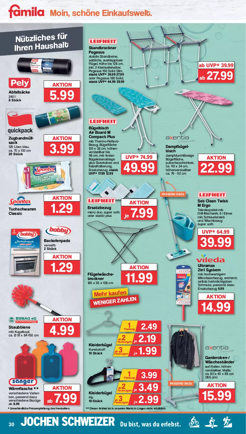 Aktueller Prospekt Famila - Prospekte - von 14.11 bis 19.11.2022 - strona 30 - produkty: asus, backofen, bügel, bügeltisch, eimer, eis, elle, flasche, Garderobe, kleid, kleider, kleiderbügel, Kugel, mikrofaser, Ofen, rama, reis, Ria, sac, schwamm, steckdose, Teleskop, teleskopstiel, teller, Ti, tisch, Trockner, tuc, wäschetrockner