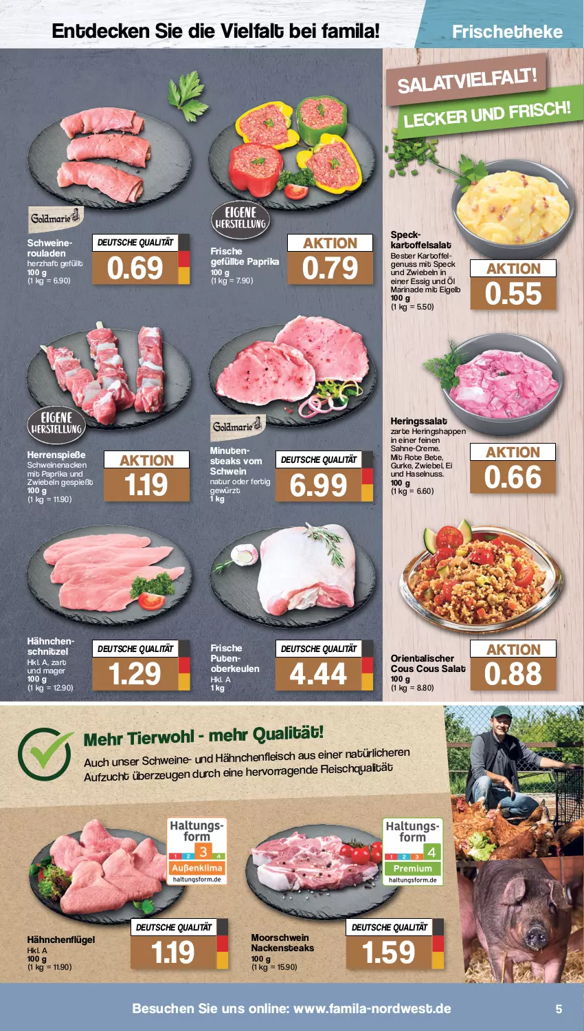 Aktueller Prospekt Famila - Prospekte - von 14.11 bis 19.11.2022 - strona 5 - produkty: Cous Cous, creme, decke, eis, essig, felgen, fleisch, gewürz, gurke, hähnchenflügel, Hähnchenschnitzel, haselnuss, hering, Herings, Heringshappen, kartoffel, kartoffelsalat, LG, marinade, minutensteaks, mit paprika, Nackensteak, nackensteaks, natur, nuss, paprika, pute, ring, rote bete, rouladen, sahne, salat, schnitzel, schwein, schweine, schweinenacken, Speck, steak, steaks, Ti, wein, weine, zwiebel, zwiebeln