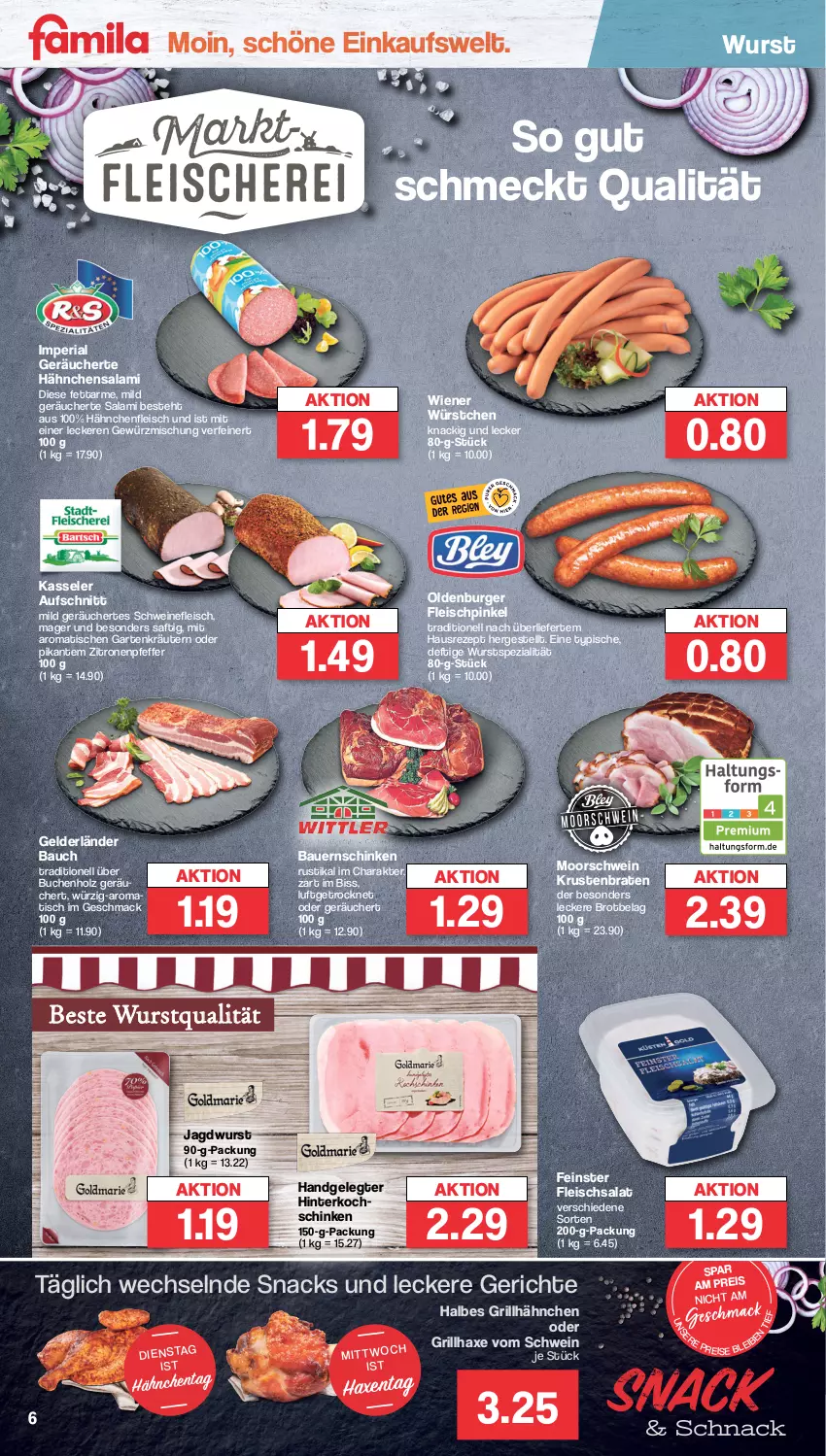 Aktueller Prospekt Famila - Prospekte - von 14.11 bis 19.11.2022 - strona 6 - produkty: auer, aufschnitt, axe, Bau, Bauer, Bauernschinken, braten, brot, buch, burger, eis, fleisch, fleischsalat, Garten, gewürz, Gewürzmischung, grill, grillhähnchen, grillhaxe, Hähnchenfleisch, Haxe, hinterkochschinken, Holz, HP, jagdwurst, kasseler, kochschinken, kräuter, kräutern, krustenbraten, mac, pfeffer, reis, rezept, Ria, saft, salami, salat, schinken, schwein, schweine, schweinefleisch, snack, snacks, Spezi, Ti, tisch, wein, weine, wiener, wiener würstchen, wurst, würstchen, zitrone, zitronen