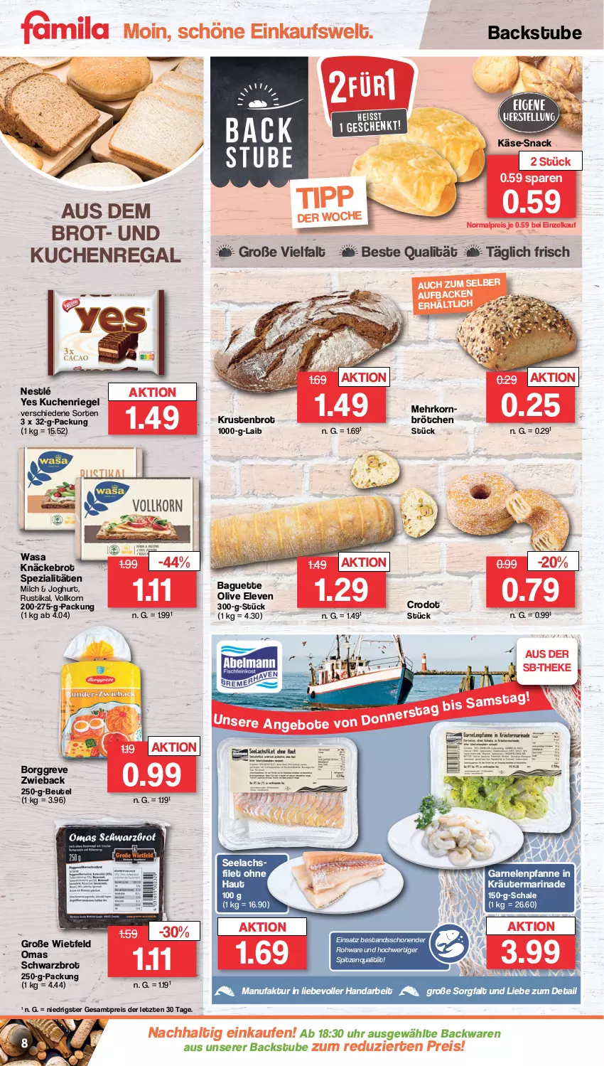 Aktueller Prospekt Famila - Prospekte - von 14.11 bis 19.11.2022 - strona 8 - produkty: backwaren, baguette, beutel, brot, brötchen, eis, Faktu, filet, garnelen, joghur, joghurt, Käse, knäckebrot, korn, kräuter, Krustenbrot, kuchen, lachs, lachsfilet, marinade, milch, nestlé, olive, pfanne, regal, reis, riegel, Schal, Schale, Schwarzbrot, seelachsfilet, snack, Spezi, spitzenqualität, stube, Ti, uhr, wasa, ZTE