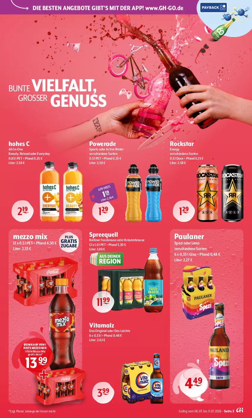 Aktueller Prospekt Getraenke Hoffmann - Prospekte - von 06.07 bis 11.07.2026 - strona 3 - produkty: angebot, angebote, berliner, brause, eis, fassbrause, gin, Hohes C, kräuter, limo, malz, Mezzo Mix, nuss, oder kräuter, Paula, paulaner, rel, Rockstar, Spezi, Sport, Spreequell, Ti, vita, vitamalz