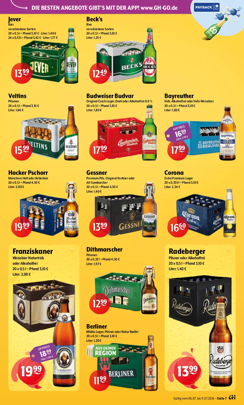 Aktueller Prospekt Getraenke Hoffmann - Prospekte - von 06.07 bis 11.07.2026 - strona 7 - produkty: alkohol, angebot, angebote, Berger, berliner, bier, budweiser, corona, eis, elle, franziskaner, Gessner, gin, hacker pschorr, Hefe, jever, kellerbier, mars, natur, natur radler, pils, pilsener, pilsner, premium pils, radeberger, radeberger pilsner, radler, Ti, veltins, weissbier