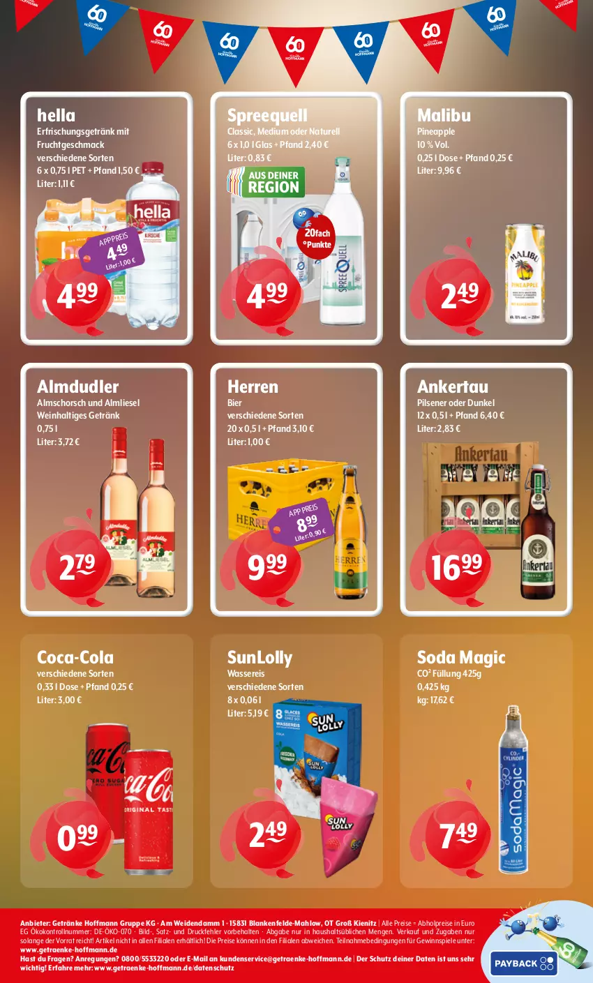 Aktueller Prospekt Getraenke Hoffmann - Prospekte - von 06.07 bis 11.07.2026 - strona 8 - produkty: abholpreise, almdudler, Apple, bier, coca-cola, cola, eis, erfrischungsgetränk, frucht, getränk, getränke, gewinnspiel, hella, mac, Malibu, mit frucht, natur, pils, pilsener, reis, rel, Soda, Spiele, Spreequell, Ti, wasser, wassereis, wein