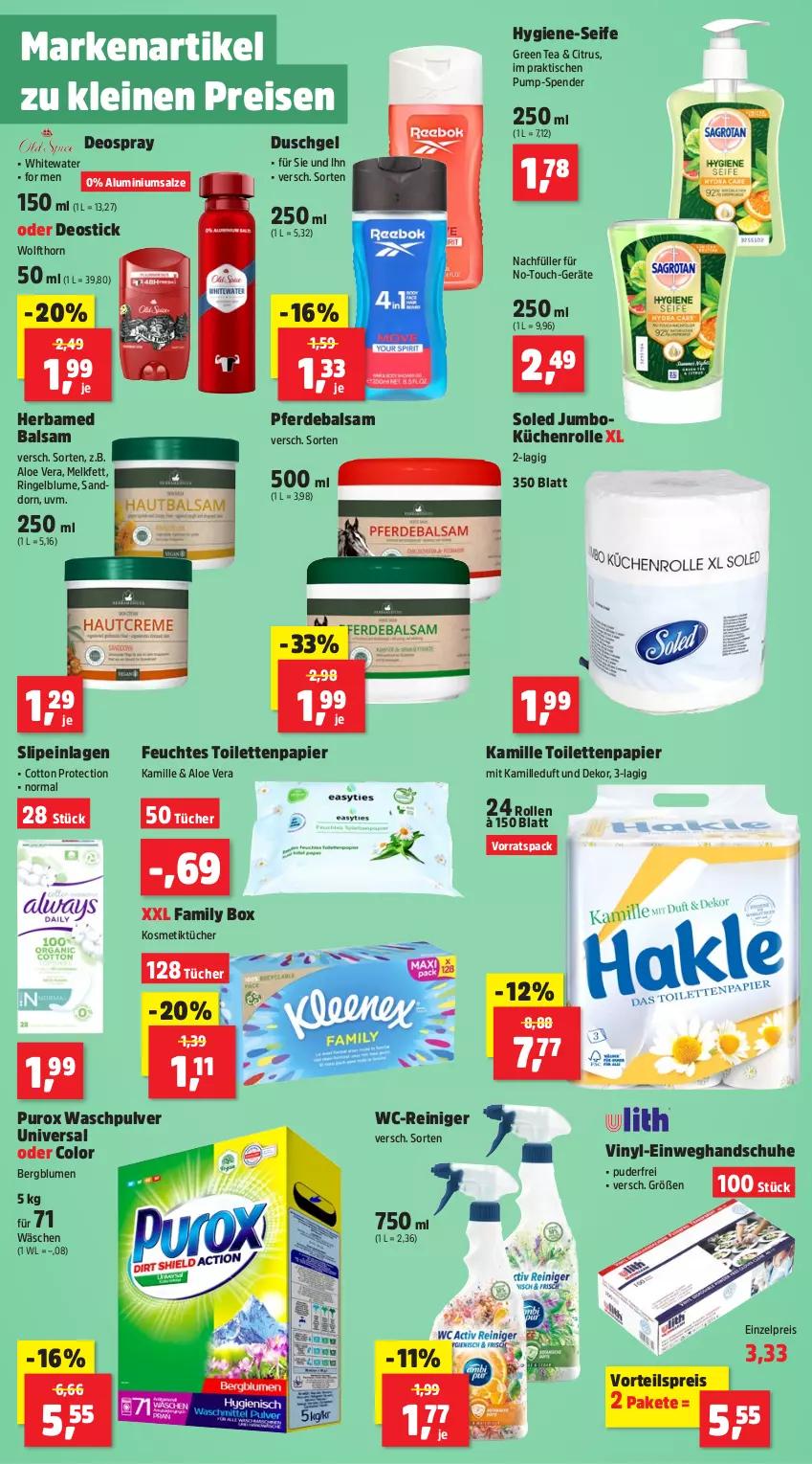 Aktueller Prospekt Thomas Philipps - von 22.04 bis 27.04.2024 - strona 18 - produkty: aloe vera, balsam, blume, blumen, citrus, deo, deospray, Deostick, duschgel, Einweghandschuhe, eis, erde, feuchtes toilettenpapier, green tea, handschuhe, HP, jumbo, Kamill, kamille, kosmetik, Kosmetiktücher, küche, Küchen, küchenrolle, leine, papier, reiniger, reis, ring, salz, sanddorn, schuhe, Seife, slip, slipeinlagen, Ti, tisch, toilettenpapier, tücher, vorteilspreis, Waschpulver, wc-reiniger