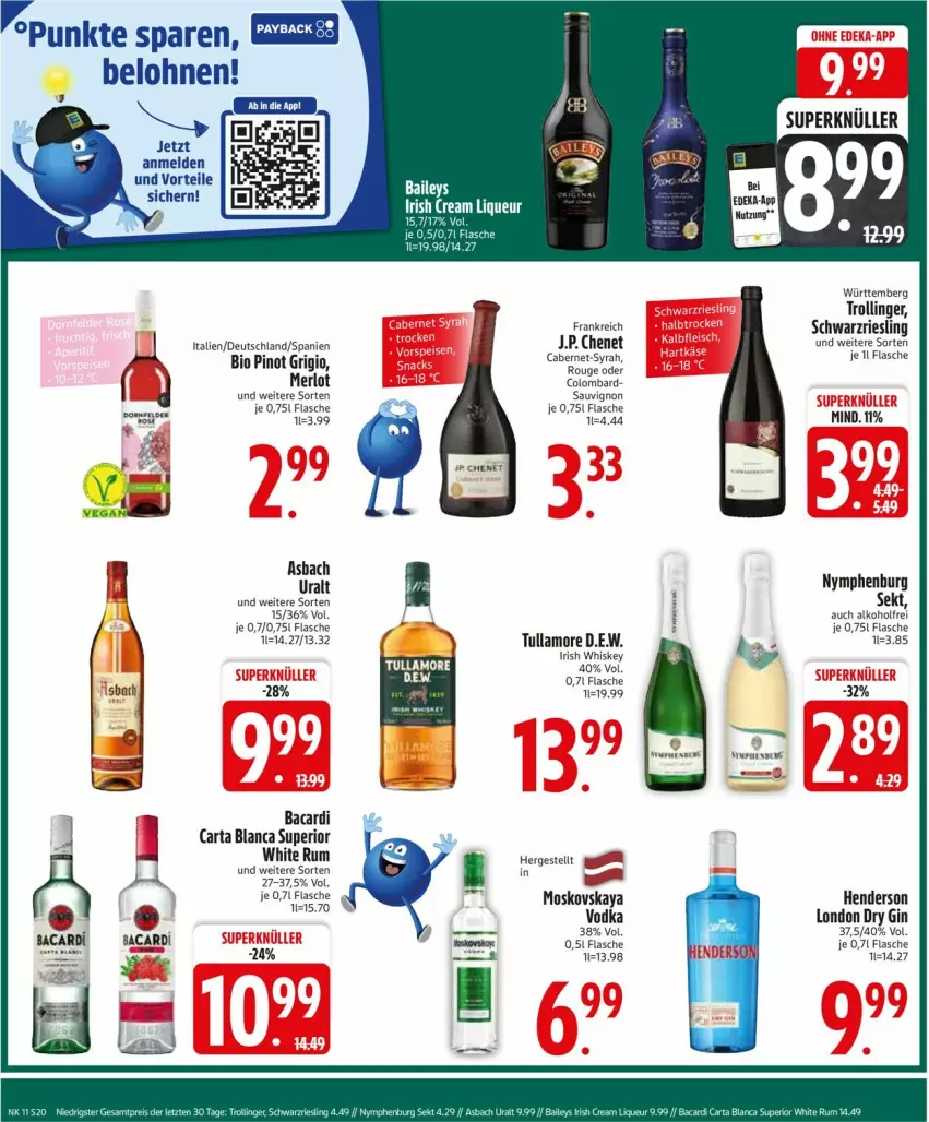 Aktueller Prospekt Edeka - Prospekte - von 10.03 bis 15.03.2025 - strona 22 - produkty: alkohol, asbach uralt, bacardi, bio, cabernet, deka, dry gin, enders, flasche, gin, irish whiskey, london dry, london dry gin, merl, merlot, moskovskaya, Pinot, pinot grigio, riesling, rouge, rum, sauvignon, schwarzriesling, sekt, Ti, trolli, trollinger, tullamore, vodka, whiskey, white rum