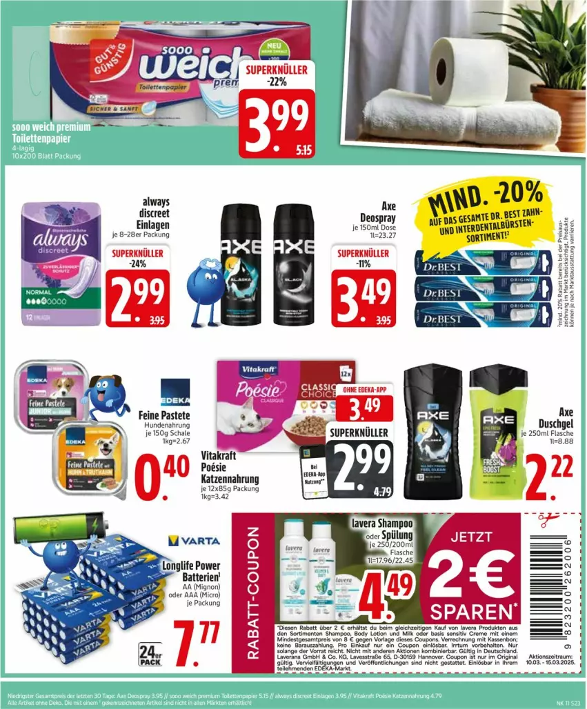 Aktueller Prospekt Edeka - Prospekte - von 10.03 bis 15.03.2025 - strona 25 - produkty: Alwa, Always, axe, axe duschgel, body, coupon, creme, Discreet, duschgel, ente, erde, flasche, hundenahrung, katzennahrung, kraft, pastete, rabatt-coupon, shampoo, Ti, vita, vitakraft