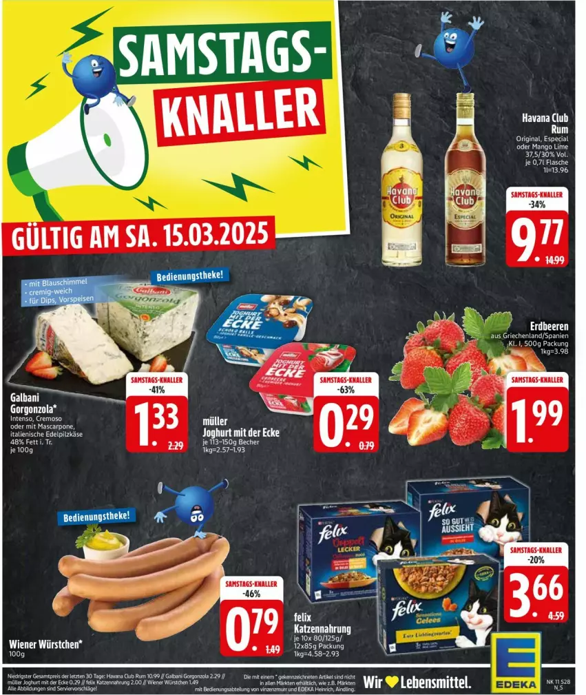 Aktueller Prospekt Edeka - Prospekte - von 10.03 bis 15.03.2025 - strona 30 - produkty: auto, Becher, beere, beeren, deka, eis, erdbeere, erdbeeren, felix, flasche, galbani, gin, gorgonzola, Havana Club, intenso, joghur, joghurt, joghurt mit der ecke, Käse, katzennahrung, Müller, reis, rum, wiener, ZTE