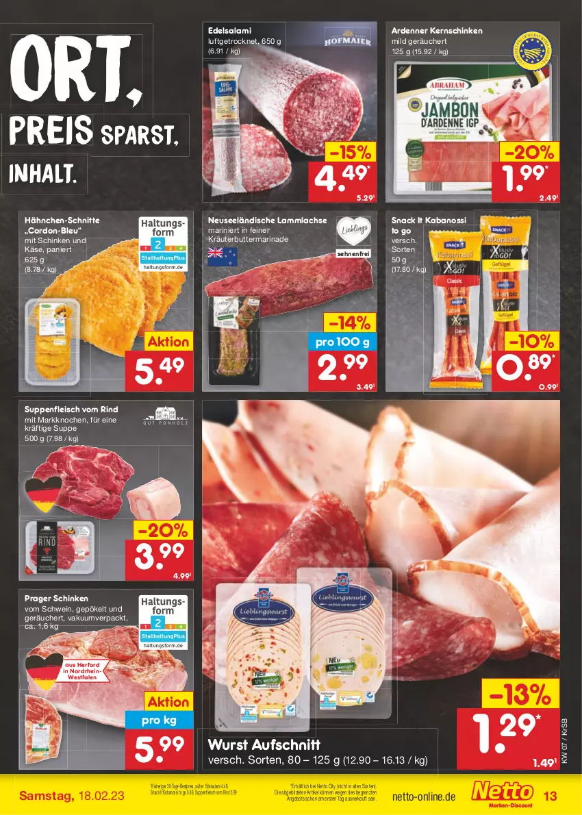 Aktueller Prospekt Netto Marken-Discount - Filial-Angebote - von 13.02 bis 18.02.2023 - strona 13 - produkty: angebot, aufschnitt, bestpreis, butter, Edelsalami, eis, fleisch, kabanos, Käse, kernschinken, kräuter, kräuterbutter, lachs, lamm, lammlachse, marinade, reis, rind, salami, schinken, schwein, snack, suppe, suppen, suppenfleisch, Ti, wein, wurst, ZTE