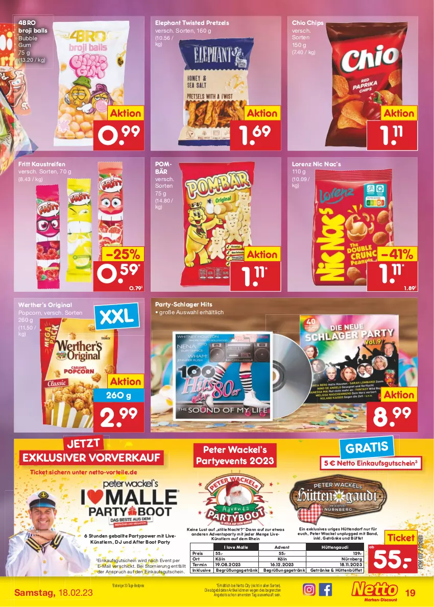 Aktueller Prospekt Netto Marken-Discount - Filial-Angebote - von 13.02 bis 18.02.2023 - strona 19 - produkty: angebot, aust, ball, bestpreis, chio chips, chips, eis, getränk, getränke, gin, gutschein, Kaustreifen, lorenz, popcorn, Pretzel, reifen, reis, Ti, ZTE