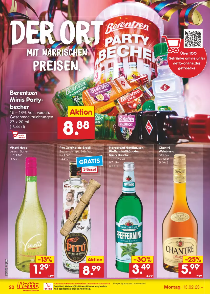 Aktueller Prospekt Netto Marken-Discount - Filial-Angebote - von 13.02 bis 18.02.2023 - strona 20 - produkty: Becher, berentzen, bestpreis, chantré, eis, getränk, getränke, gin, hugo, kirsch, kirsche, likör, mac, ndk, nordbrand, pfeffer, pfefferminzlikör, reis, Ti, wein, weinbrand, zucker