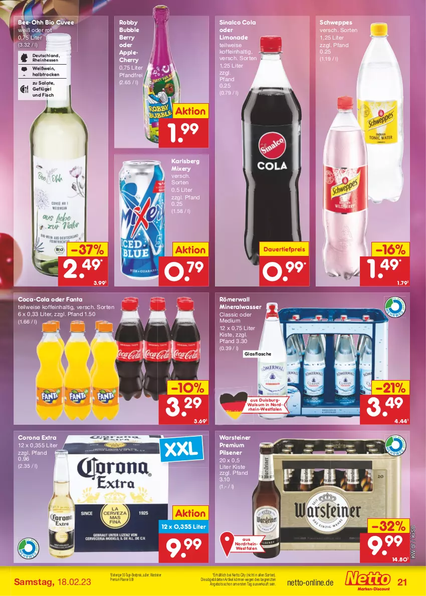 Aktueller Prospekt Netto Marken-Discount - Filial-Angebote - von 13.02 bis 18.02.2023 - strona 21 - produkty: Alwa, angebot, Apple, auer, bestpreis, bio, coca-cola, cola, corona, corona extra, dauertiefpreis, eis, fanta, fisch, flasche, Geflügel, glasflasche, karlsberg, karlsberg mixery, limo, limonade, mineralwasser, Mixer, mixery, pils, pilsener, premium pils, reis, robby, salat, salate, schweppes, sinalco, steiner, Ti, tiefpreis, warsteiner, wasser, wein, Weißwein, ZTE