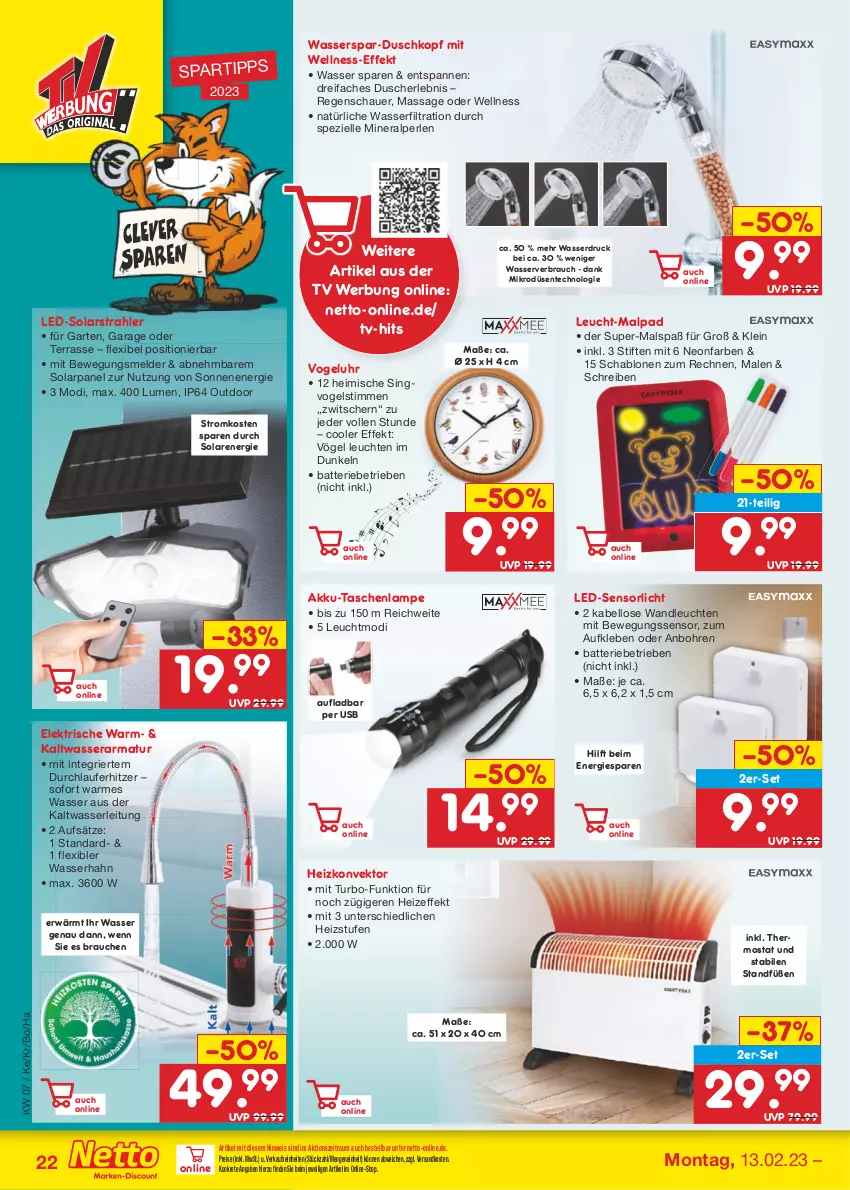 Aktueller Prospekt Netto Marken-Discount - Filial-Angebote - von 13.02 bis 18.02.2023 - strona 22 - produkty: akku, armatur, auer, batterie, Bewegungssensor, dusche, eis, elle, ente, Garten, Lampe, Leuchte, leuchten, ndk, perlen, Rauch, reis, spartipp, Spezi, stifte, Tasche, taschen, taschenlampe, thermostat, Ti, uhr, usb, wasser