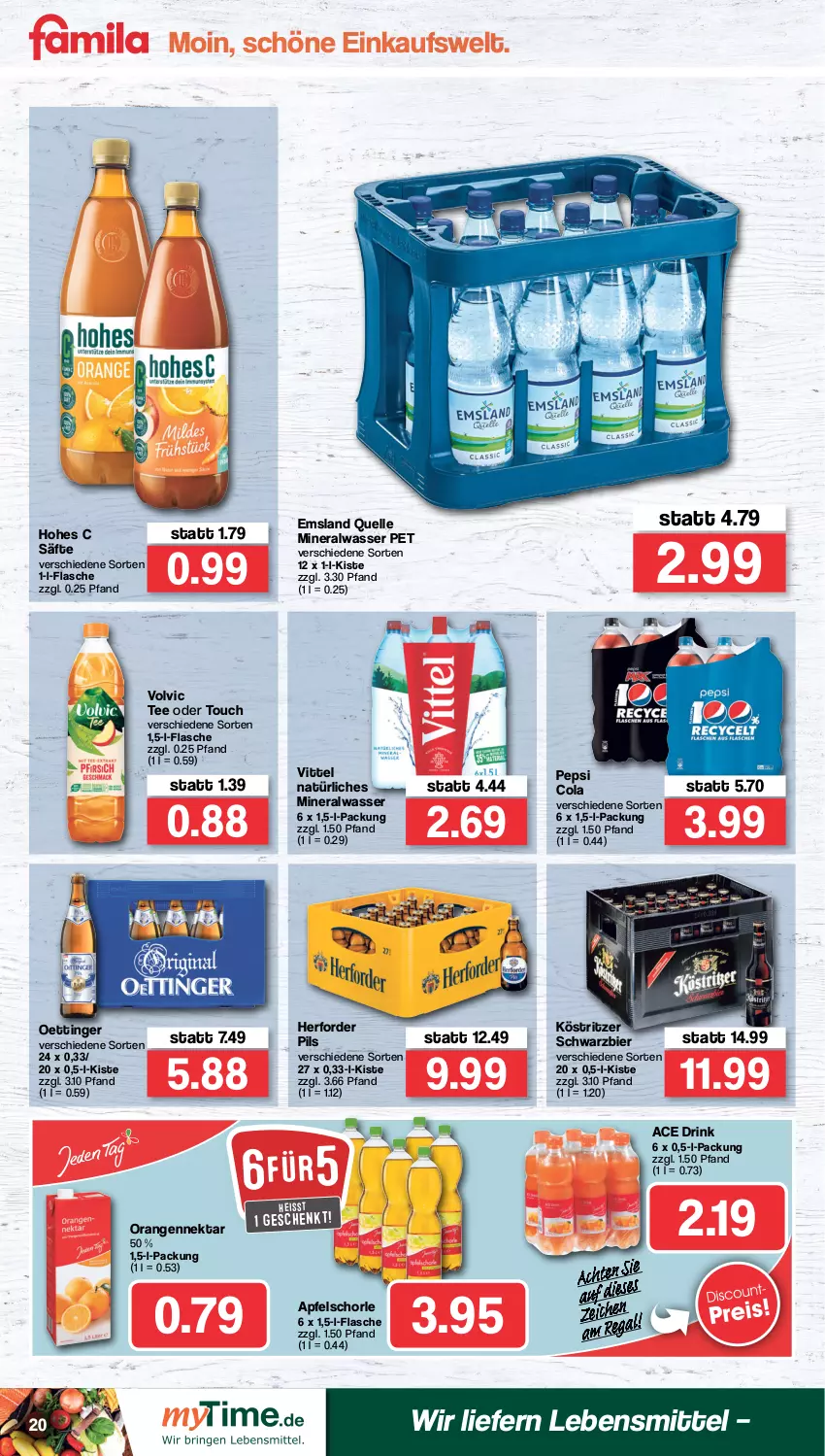 Aktueller Prospekt Famila - Prospekte - von 24.01 bis 29.01.2022 - strona 20 - produkty: Alwa, apfel, Apfelschorle, bier, cola, drink, eis, elle, flasche, Hohes C, köstritzer, lebensmittel, mineralwasser, natürliches mineralwasser, Nektar, oettinger, orange, orangen, pepsi, Pepsi Cola, pils, säfte, schorle, tee, Ti, vittel, volvic, wasser