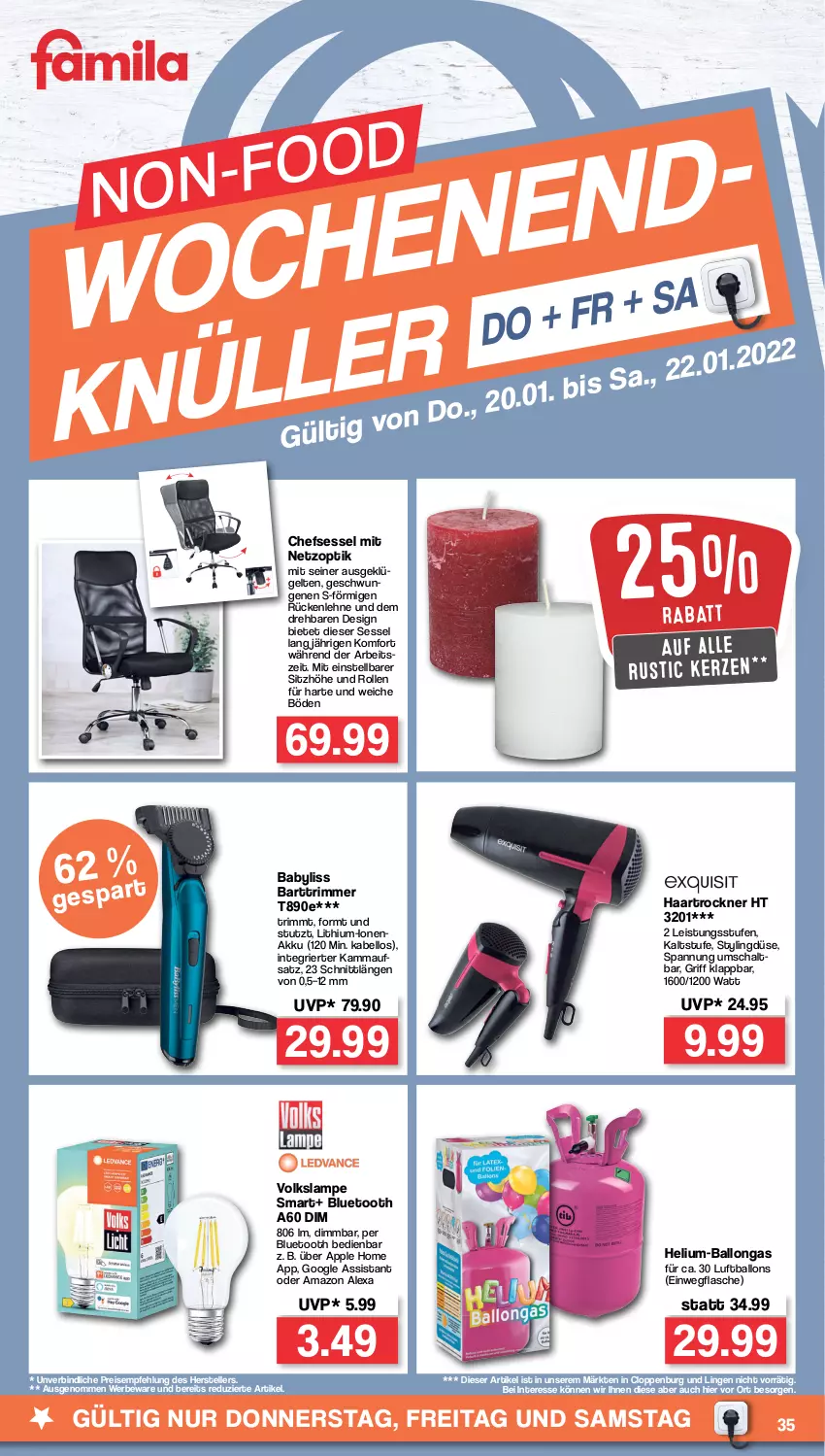 Aktueller Prospekt Famila - Prospekte - von 24.01 bis 29.01.2022 - strona 35 - produkty: akku, alexa, amazon alexa, Apple, BaByliss, ball, chefsessel, eis, elle, flasche, haartrockner, kerze, Lampe, Luftballon, reis, rückenlehne, Schal, sessel, Sitzhöhe, teller, Ti, Trockner