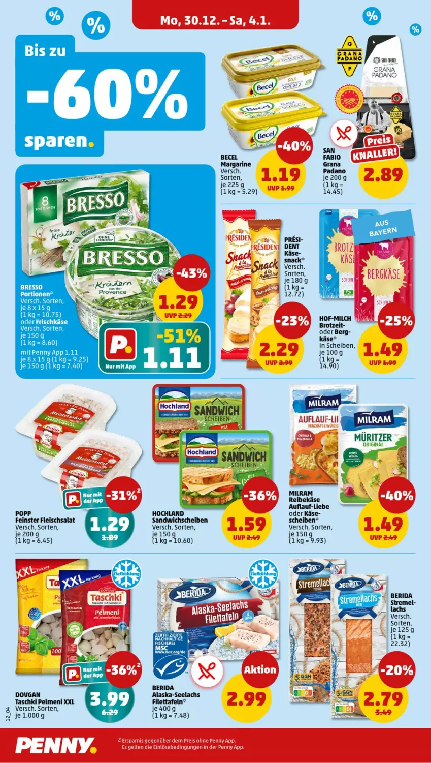 Aktueller Prospekt Penny - Prospekte - von 30.12.2025 bis 04.01.2026 - strona 12 - produkty: Alaska-Seelachs, becel, bresso, dovgan, eis, filet, fleisch, fleischsalat, frischkäse, gin, hochland, Käse, lachs, margarine, pelmeni, Popp, Reibekäse, reis, salat, sandwich, snack, taschki, Ti