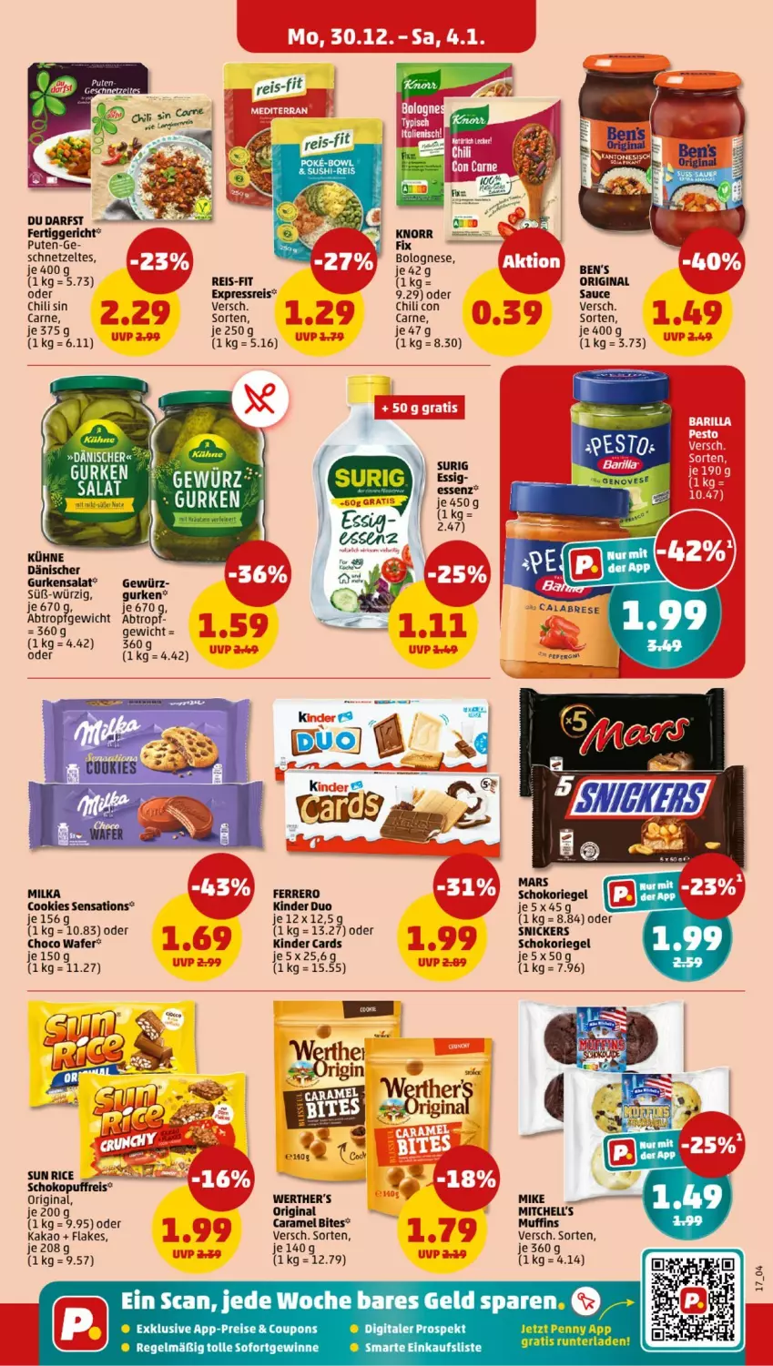 Aktueller Prospekt Penny - Prospekte - von 30.12.2025 bis 04.01.2026 - strona 17 - produkty: bites, bolognese, caramel, chili, cookie, cookies, coupon, coupons, eis, ferrero, fertiggericht, flakes, gewürz, gin, gurke, gurken, gurkensalat, kakao, Kinder, knorr, Kühne, milka, Muffin, muffins, pute, reis, reis-fit, riegel, salat, sauce, schoko, schokoriegel, sensations, snickers, Sushi, Ti, Zelt