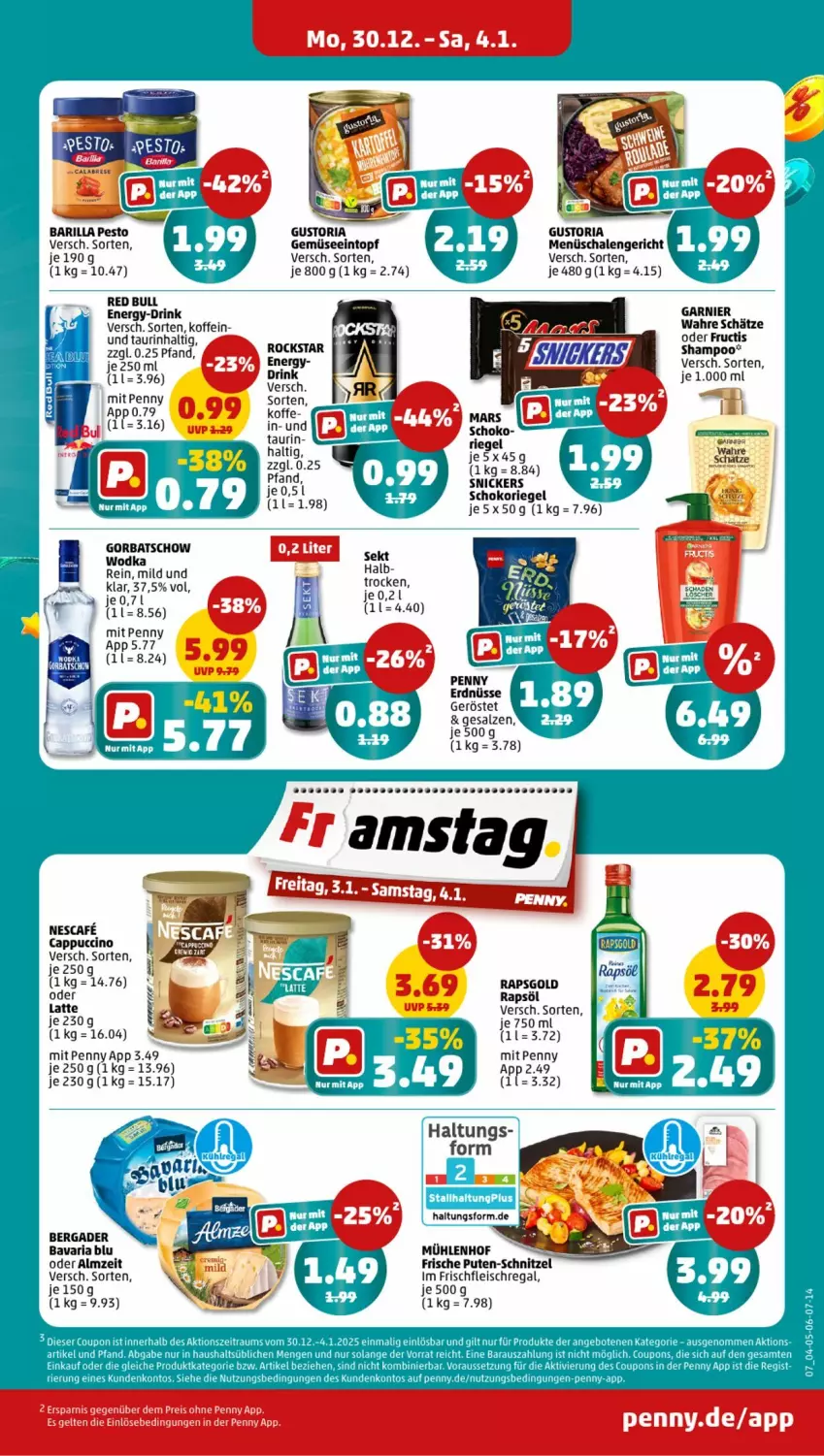 Aktueller Prospekt Penny - Prospekte - von 30.12.2025 bis 04.01.2026 - strona 7 - produkty: barilla, bavaria blu, bergader, Cap, cappuccino, cin, drink, eintopf, eis, erdnüsse, fleisch, garnier, Gorbatschow, latte, nescafe, pesto, pute, rapsöl, red bull, regal, reis, Ria, riegel, Rockstar, salz, Schal, Schale, schnitzel, schoko, schokoriegel, sekt, shampoo, snickers, Ti, topf, wodka