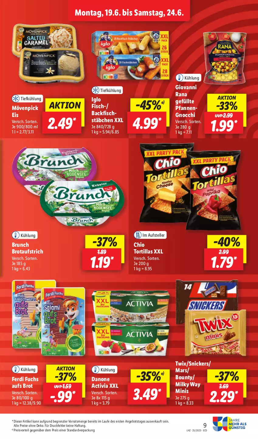 Aktueller Prospekt Lidl - Aktionsprospekt - von 19.06 bis 24.06.2023 - strona 11 - produkty: activia, angebot, aufstrich, backfisch, bounty, brot, brotaufstrich, danone, danone activia, eis, elle, ferdi fuchs, fisch, fischstäbchen, giovanni rana, gnocchi, iglo, mars, milky way, mövenpick, mövenpick eis, pfanne, pfannen, preisvorteil, Rana, reis, snickers, teller, Ti, tortilla, tortillas, twix, ZTE