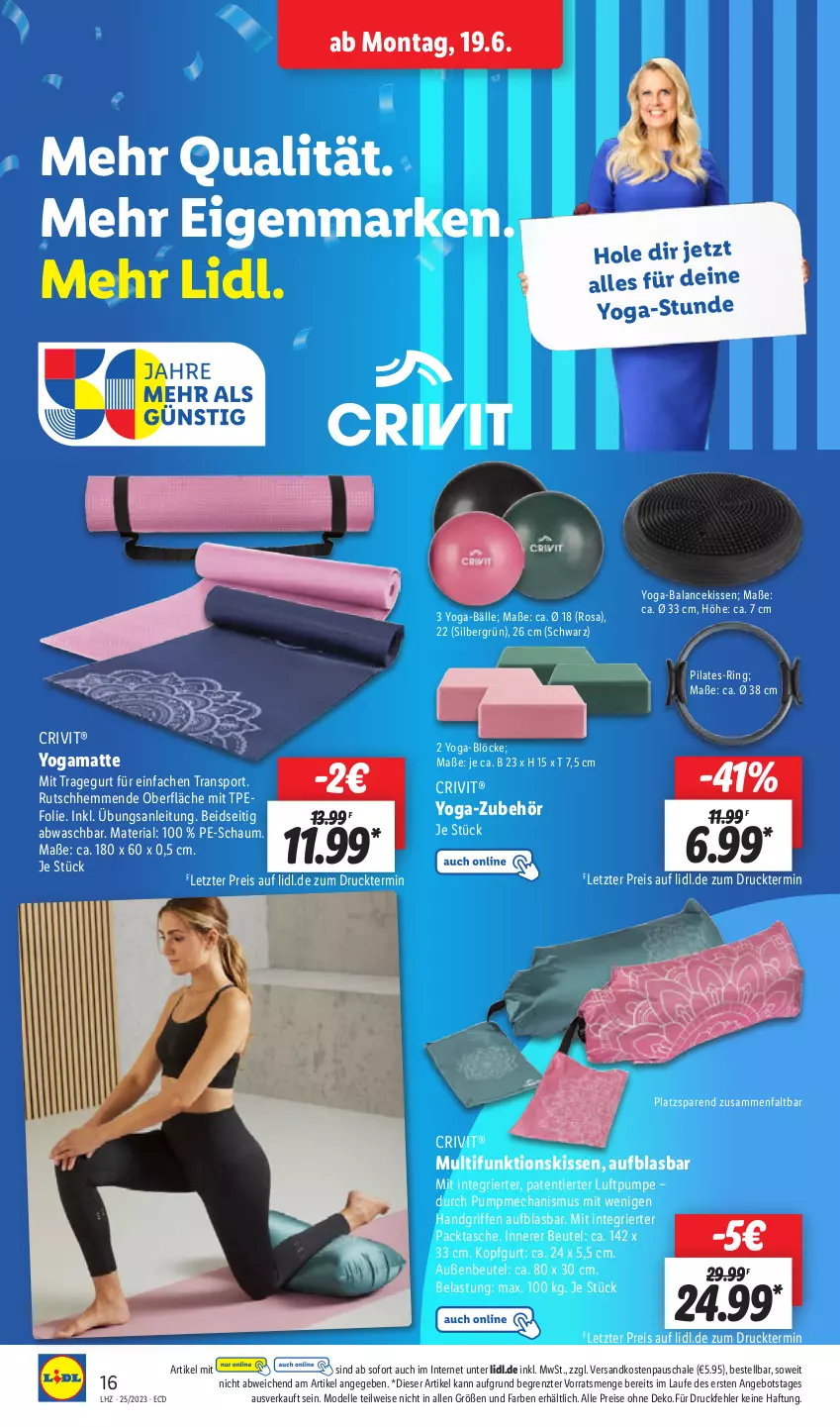 Aktueller Prospekt Lidl - Aktionsprospekt - von 19.06 bis 24.06.2023 - strona 18 - produkty: angebot, beutel, crivit, dell, eis, elle, kissen, Mode, ndk, reis, Ria, ring, Schal, Schale, Sport, Tasche, Ti, Yo, ZTE