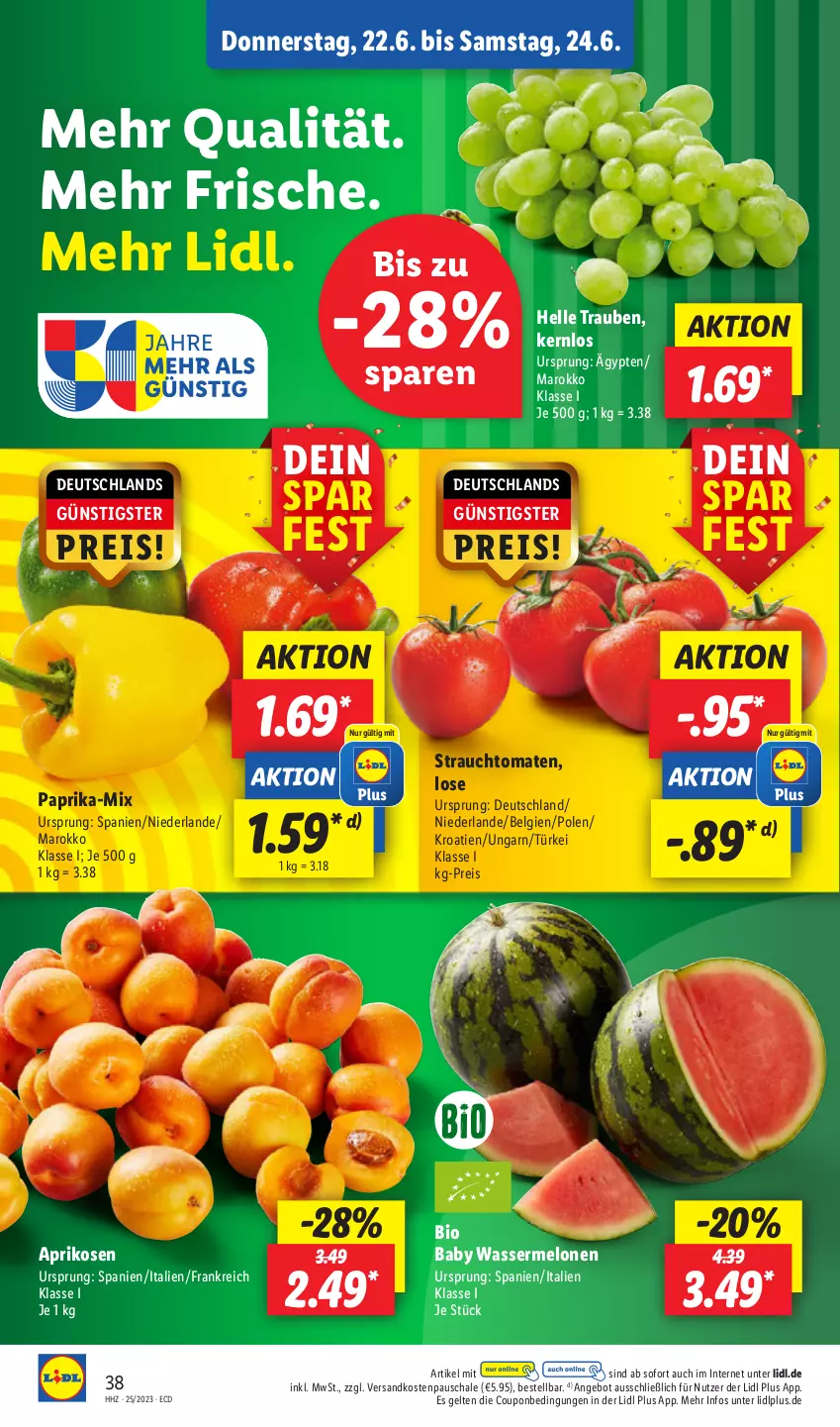 Aktueller Prospekt Lidl - Aktionsprospekt - von 19.06 bis 24.06.2023 - strona 42 - produkty: angebot, aprikose, aprikosen, bio, coupon, eis, elle, LG, melone, melonen, mit paprika, ndk, paprika, Rauch, reis, Schal, Schale, strauchtomaten, Ti, tomate, tomaten, trauben, wasser, wassermelone, wassermelonen