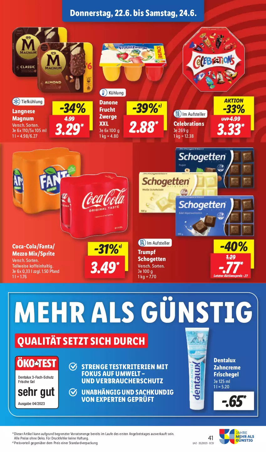 Aktueller Prospekt Lidl - Aktionsprospekt - von 19.06 bis 24.06.2023 - strona 45 - produkty: aktionspreis, angebot, coca-cola, cola, creme, danone, Dentalux, eis, elle, fanta, frucht, langnese, magnum, Mezzo Mix, preisvorteil, Rauch, reis, rum, sac, schogetten, sprite, teller, Ti, zahncreme, ZTE