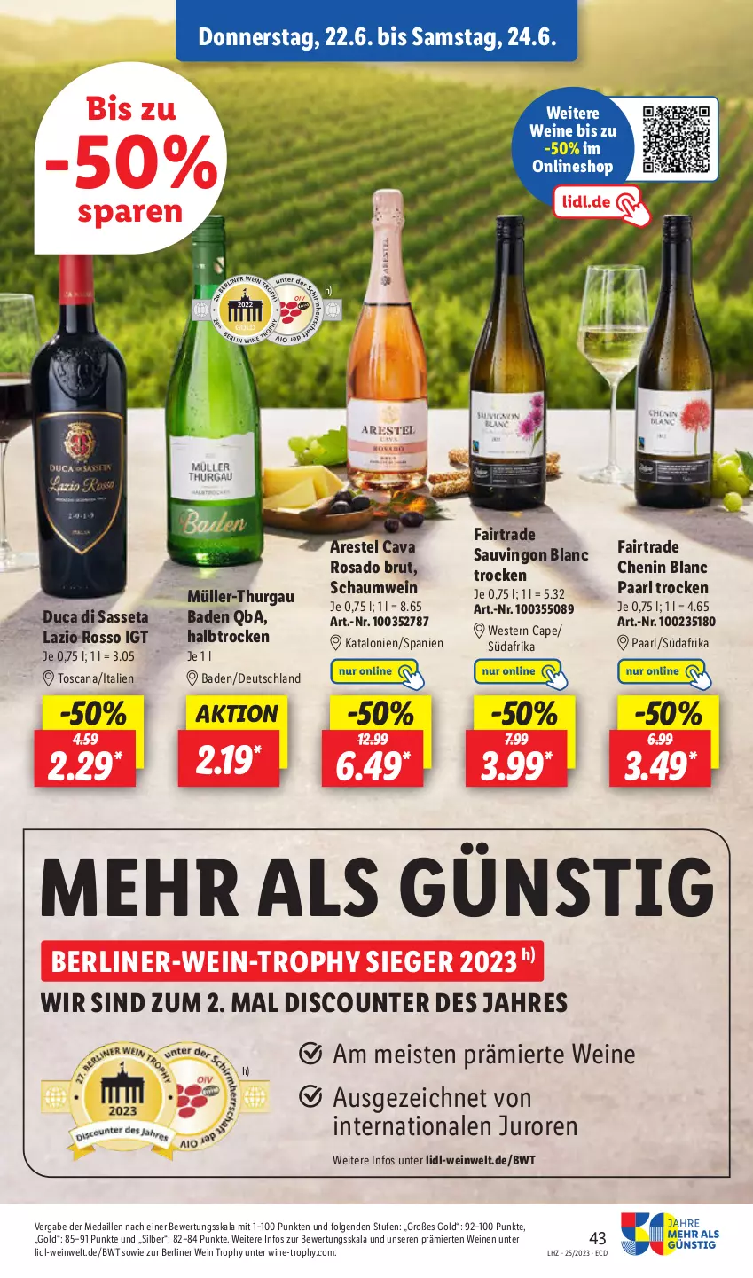 Aktueller Prospekt Lidl - Aktionsprospekt - von 19.06 bis 24.06.2023 - strona 47 - produkty: Bad, berliner, brut, Cap, Cava, discount, eis, LG, Müller, Müller-Thurgau, Ti, wein, weine, Weste