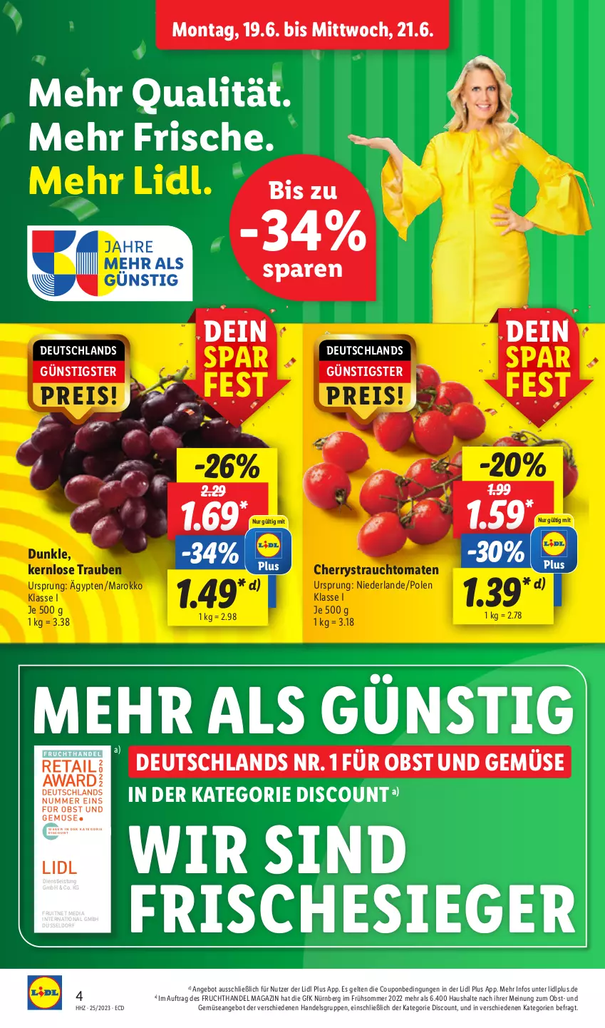 Aktueller Prospekt Lidl - Aktionsprospekt - von 19.06 bis 24.06.2023 - strona 6 - produkty: angebot, coupon, discount, eis, ente, frucht, magazin, obst, Obst und Gemüse, Rauch, reis, strauchtomaten, Ti, tomate, tomaten, trauben, und gemüse