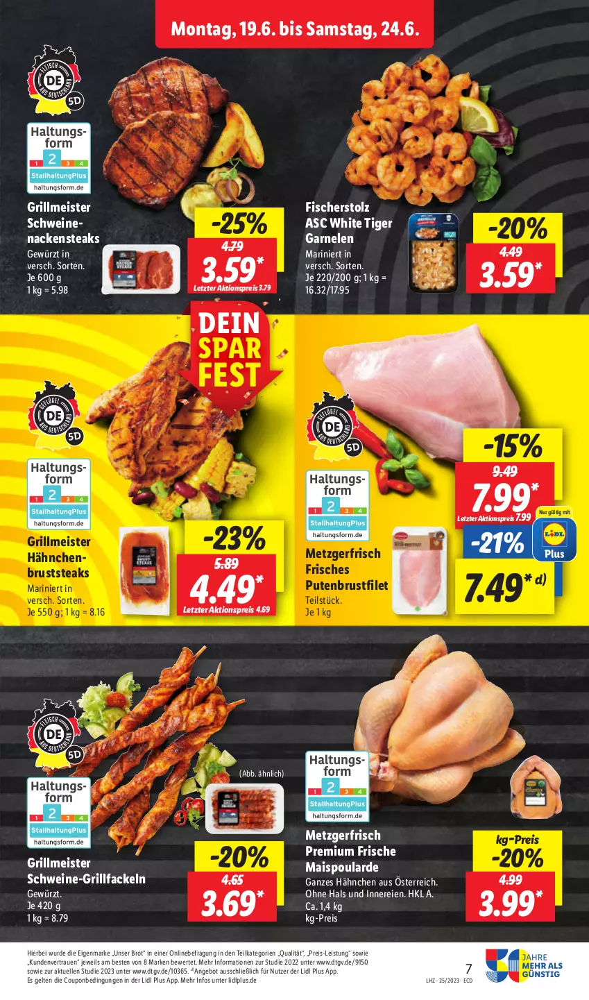 Aktueller Prospekt Lidl - Aktionsprospekt - von 19.06 bis 24.06.2023 - strona 9 - produkty: aktionspreis, angebot, brot, brustfilet, coupon, eis, elle, filet, fisch, fische, Fischer, garnelen, gewürz, grill, grillfackeln, mais, Meister, Nackensteak, nackensteaks, pute, putenbrust, putenbrustfilet, reis, schwein, schweine, steak, steaks, Ti, wein, weine, ZTE