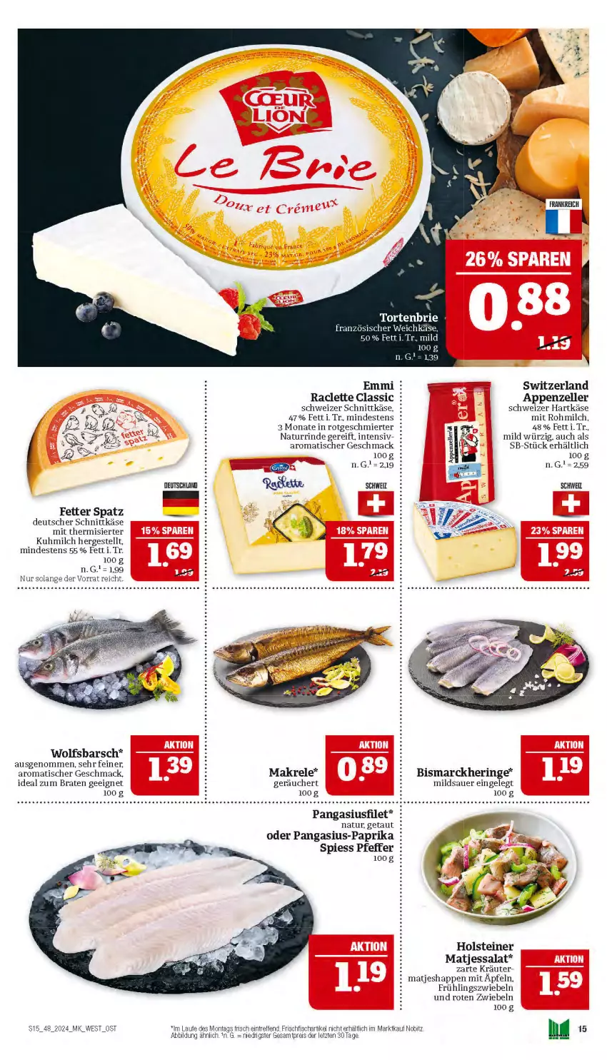 Aktueller Prospekt Marktkauf - Prospekt - von 24.11 bis 30.11.2024 - strona 15 - produkty: appenzeller, auer, bismarck, braten, brie, deutscher schnittkäse, eis, elle, emmi, filet, fisch, frischfisch, hartkäse, hering, holsteiner, ideal zum braten, Käse, kräuter, mac, Makrele, matjes, milch, natur, Pangasius, paprika, pfeffer, reis, rel, rind, ring, salat, schnittkäse, schweizer hartkäse, schweizer schnittkäse, steiner, Ti, tisch, torte, wolfsbarsch, ZTE, zwiebel, zwiebeln