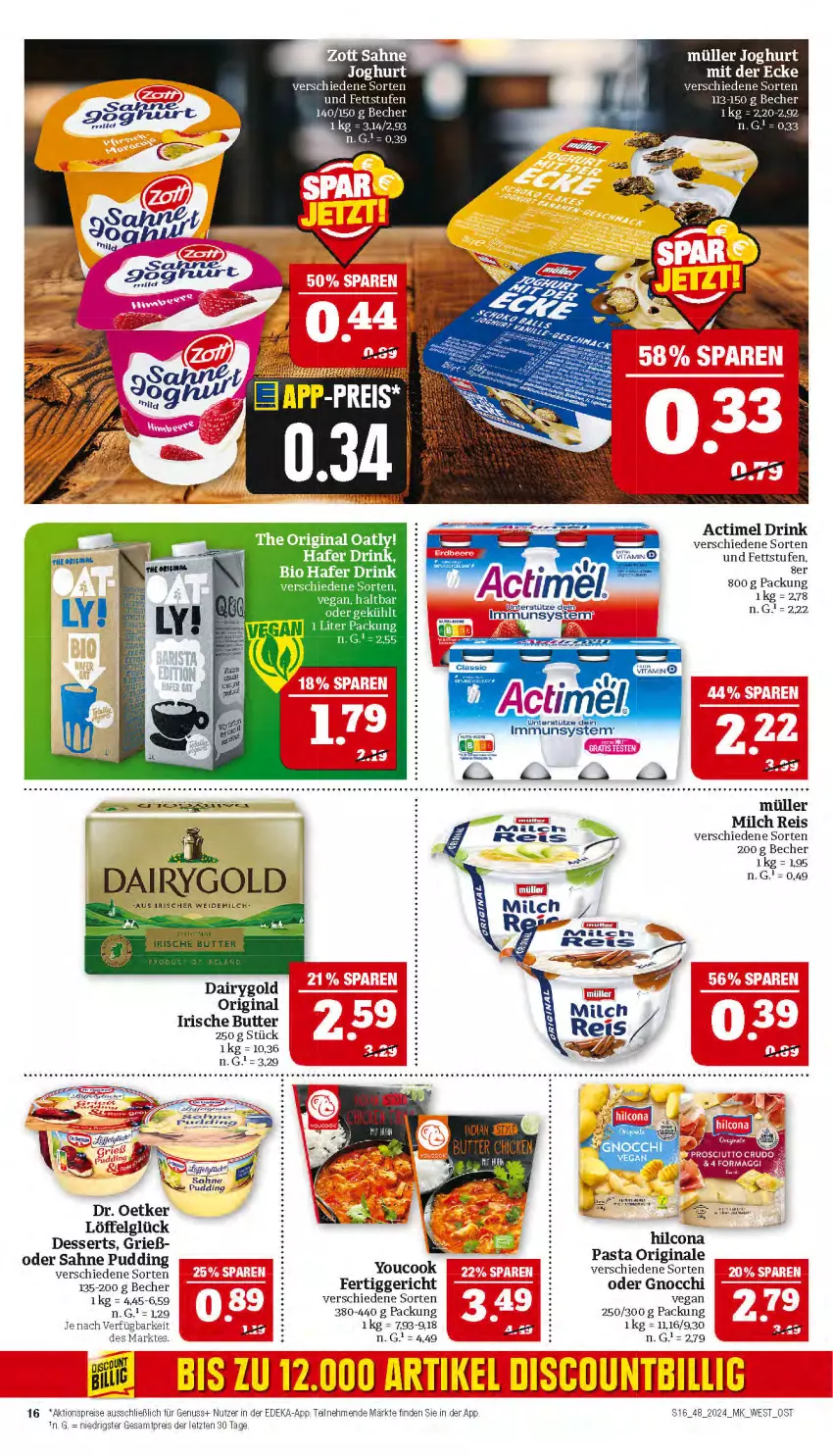 Aktueller Prospekt Marktkauf - Prospekt - von 24.11 bis 30.11.2024 - strona 16 - produkty: actimel, actimel drink, aktionspreis, Becher, bio, butter, Dairygold, deka, dessert, desserts, Dr. Oetker, drink, eis, fertiggericht, gin, gnocchi, hafer, irische butter, LG, Löffel, milch, Müller, nuss, pudding, reis, sahne, Ti, weidemilch, Yo, YouCook, ZTE