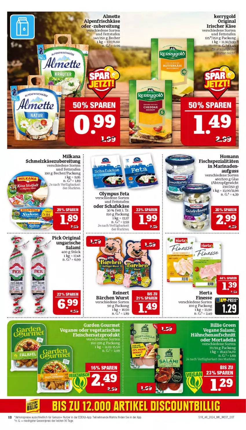 Aktueller Prospekt Marktkauf - Prospekt - von 24.11 bis 30.11.2024 - strona 18 - produkty: aktionspreis, almette, alpenfrischkäse, aufschnitt, Becher, deka, eis, feta, finesse, fisch, Fischspezialitäten, fleisch, frischkäse, garden gourmet, gin, herta, homann, Käse, kerrygold, marinade, Mett, milka, milkana, nuss, reinert, reis, salami, schafskäse, Schmelzkäse, schmelzkäsezubereitung, Spezi, Ti, Vegeta, wurst, ZTE