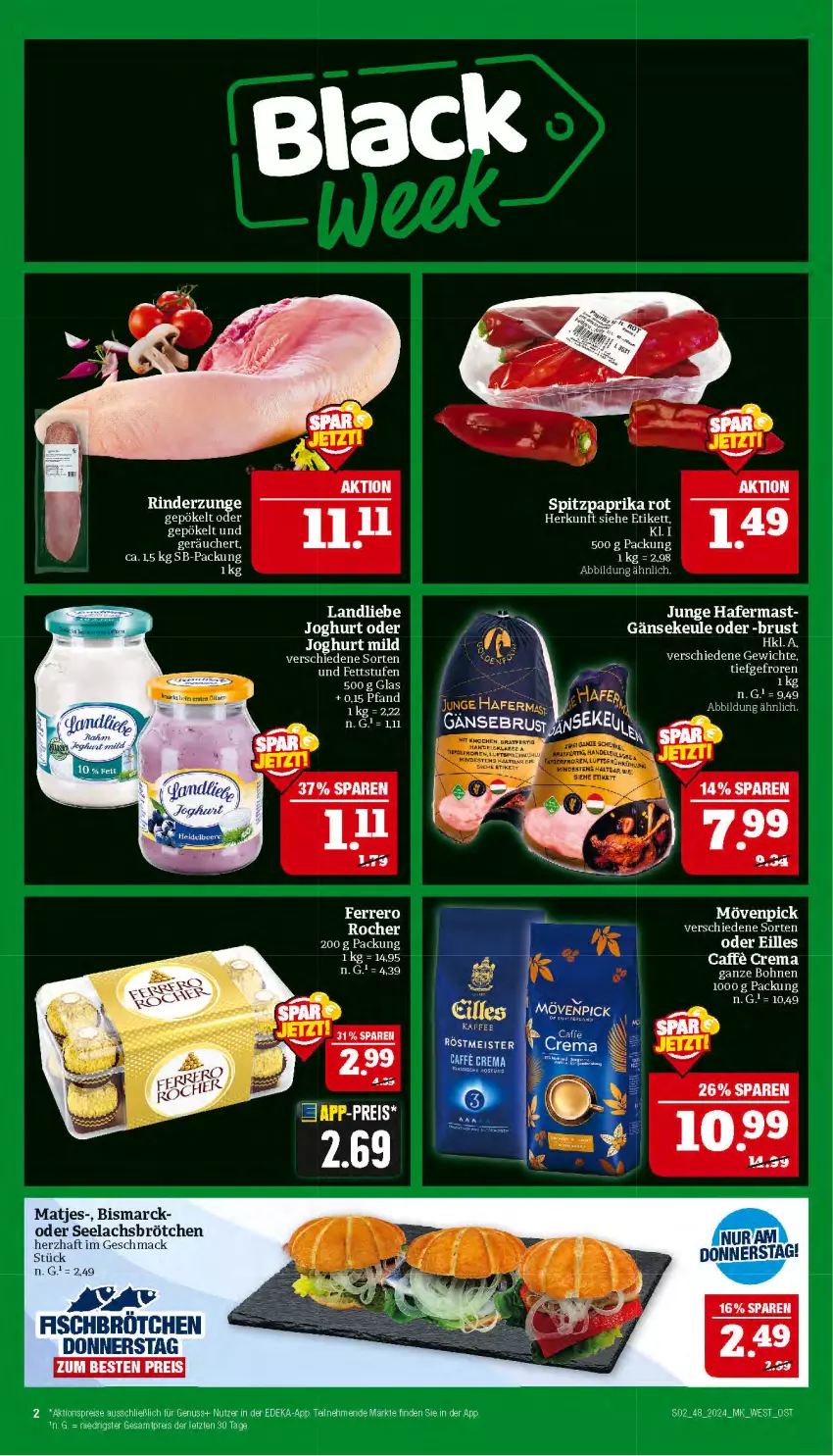 Aktueller Prospekt Marktkauf - Prospekt - von 24.11 bis 30.11.2024 - strona 2 - produkty: aktionspreis, bismarck, bohne, bohnen, brötchen, caffe, deka, eier, eis, ferrero, Ferrero Rocher, fisch, hafer, joghur, joghurt, joghurt mild, kerze, lachs, landliebe, landliebe joghurt, mac, matjes, nuss, reis, rind, rinder, Rinderzunge, Ti