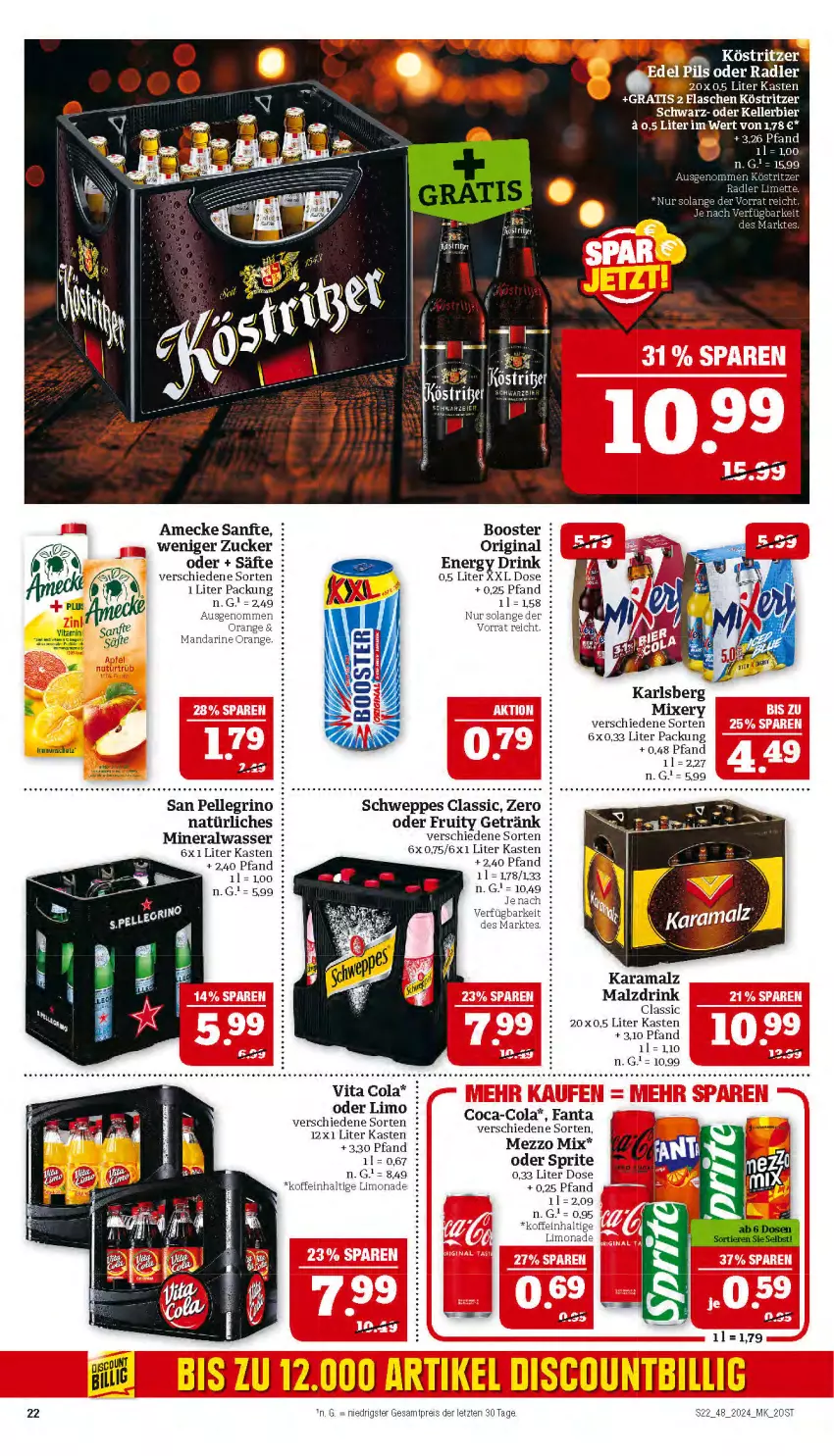 Aktueller Prospekt Marktkauf - Prospekt - von 24.11 bis 30.11.2024 - strona 22 - produkty: Alwa, amecke, bier, coca-cola, cola, drink, eis, elle, energy drink, ente, fanta, getränk, gin, karamalz, karlsberg, kellerbier, limo, limonade, malz, mandarine, Mezzo Mix, mineralwasser, Mixer, mixery, natürliches mineralwasser, oder sprite, orange, rama, reis, säfte, san pellegrino, schweppes, sprite, tesa, Ti, vita, Vita C, wasser, ZTE, zucker