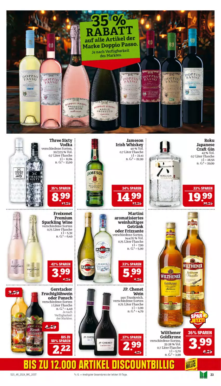 Aktueller Prospekt Marktkauf - Prospekt - von 24.11 bis 30.11.2024 - strona 23 - produkty: ecco, eis, flasche, freixenet, frucht, getränk, gin, Glühwein, goldkrone, irish whiskey, jameson, krone, martini, prosecco, reis, tee, Three Sixty, Ti, vodka, wein, whiskey, wilthener, ZTE