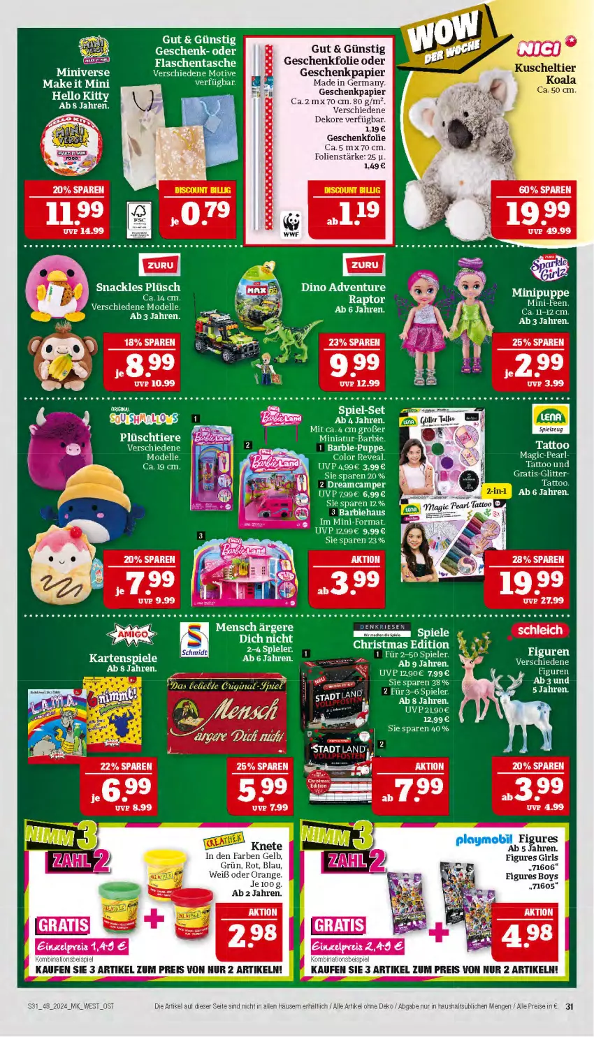 Aktueller Prospekt Marktkauf - Prospekt - von 24.11 bis 30.11.2024 - strona 31 - produkty: Barbie, dell, eis, elle, flasche, Germ, Geschenkpapier, gin, Mode, orange, papier, Plüsch, Puppe, reis, Spiele, Tasche, Ti, Tiere