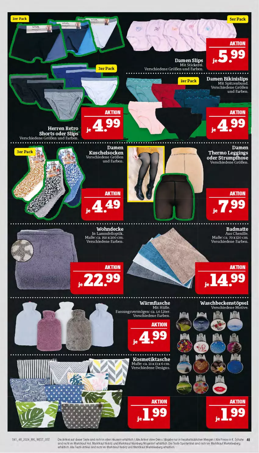 Aktueller Prospekt Marktkauf - Prospekt - von 24.11 bis 30.11.2024 - strona 41 - produkty: bikini, decke, flasche, gin, kosmetik, Kosmetiktasche, Kuschelsocken, lamm, Lammfell, leggings, slip, slips, socken, Tasche, Ti, waschbecken