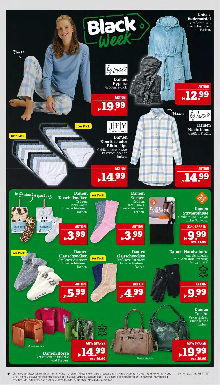 Aktueller Prospekt Marktkauf - Prospekt - von 24.11 bis 30.11.2024 - strona 44 - produkty: Bad, Bademantel, bikini, dell, elle, handschuhe, hemd, hose, Kuschelsocken, Mantel, Mode, Nachthemd, Pyjama, rel, rum, schuhe, slip, slips, socken, Strumpfhose, Tasche, Ti, Yo