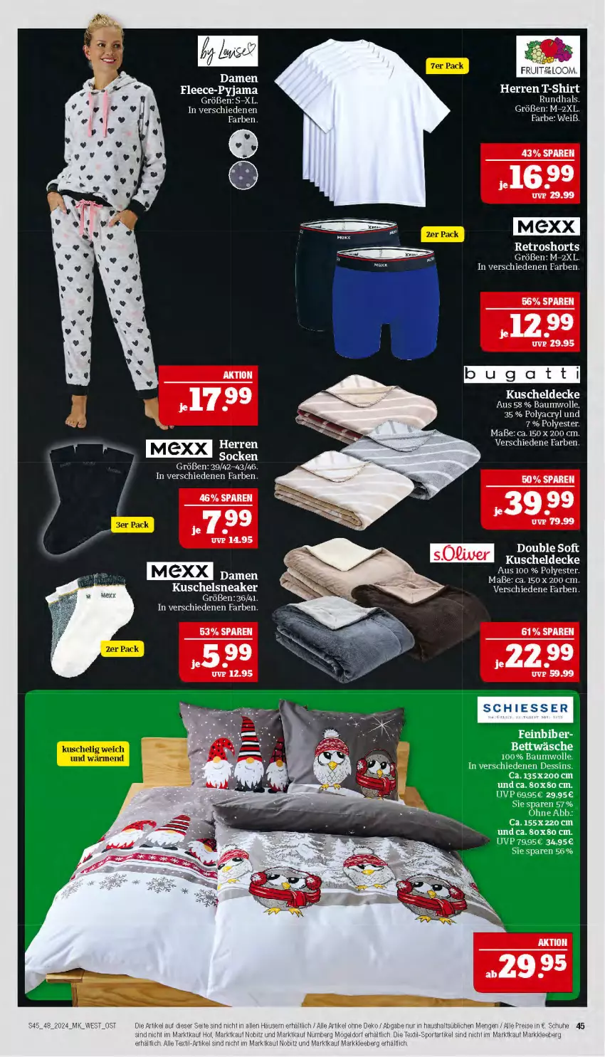 Aktueller Prospekt Marktkauf - Prospekt - von 24.11 bis 30.11.2024 - strona 45 - produkty: Bau, baumwolle, bett, bettwäsche, Mexx, Pyjama, shirt, socken, T-Shirt, tee, Ti, wolle