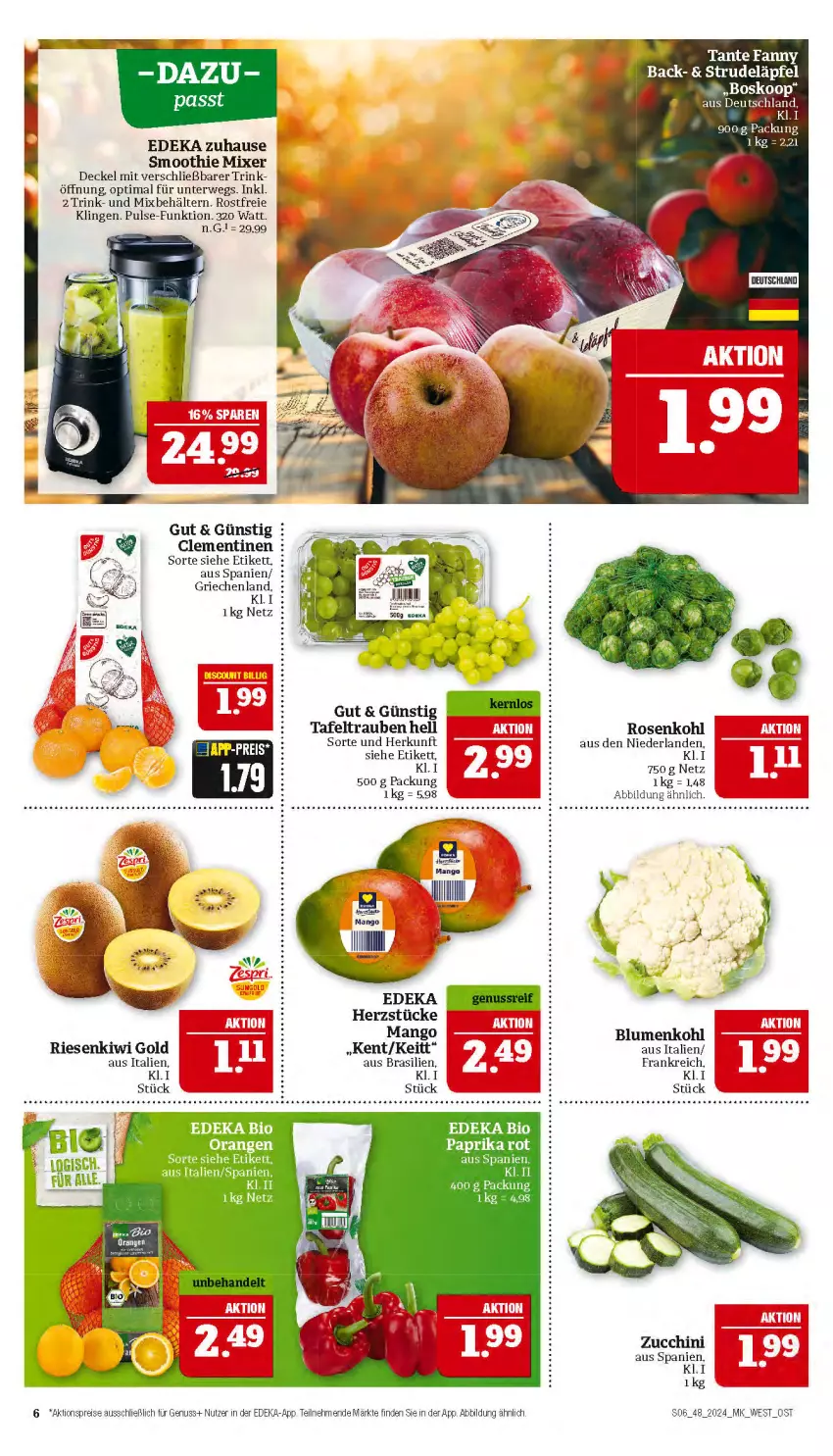 Aktueller Prospekt Marktkauf - Prospekt - von 24.11 bis 30.11.2024 - strona 6 - produkty: aktionspreis, Behälter, blume, blumen, blumenkohl, clementinen, decke, Deckel, deka, eis, HP, kiwi, Kiwi Gold, mango, Mixer, nuss, paprika, reis, rosen, Rosenkohl, rwe, smoothie, Strudel, tafeltrauben, Ti, trauben, zucchini