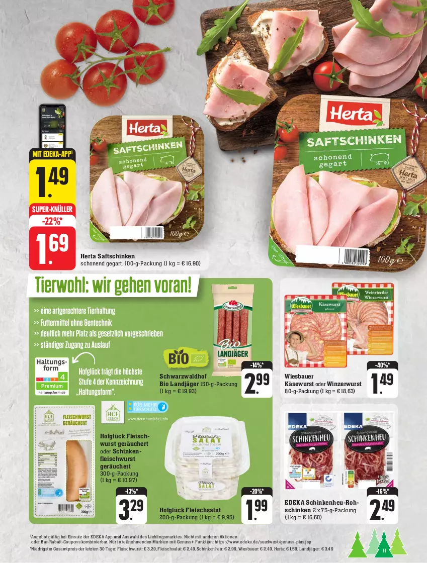 Aktueller Prospekt Edeka - Angebote der Woche - von 25.09 bis 30.09.2023 - strona 11 - produkty: angebot, auer, Bau, Bauer, bio, coupon, coupons, deka, eis, fleisch, fleischsalat, fleischwurst, herta, Heu, Käse, Käsewurst, landjäger, nuss, rabatt-coupon, reis, rohschinken, saft, saftschinken, salat, schinken, schinkenfleischwurst, super-knüller, Ti, wiesbauer, Winzerwurst, wurst, ZTE