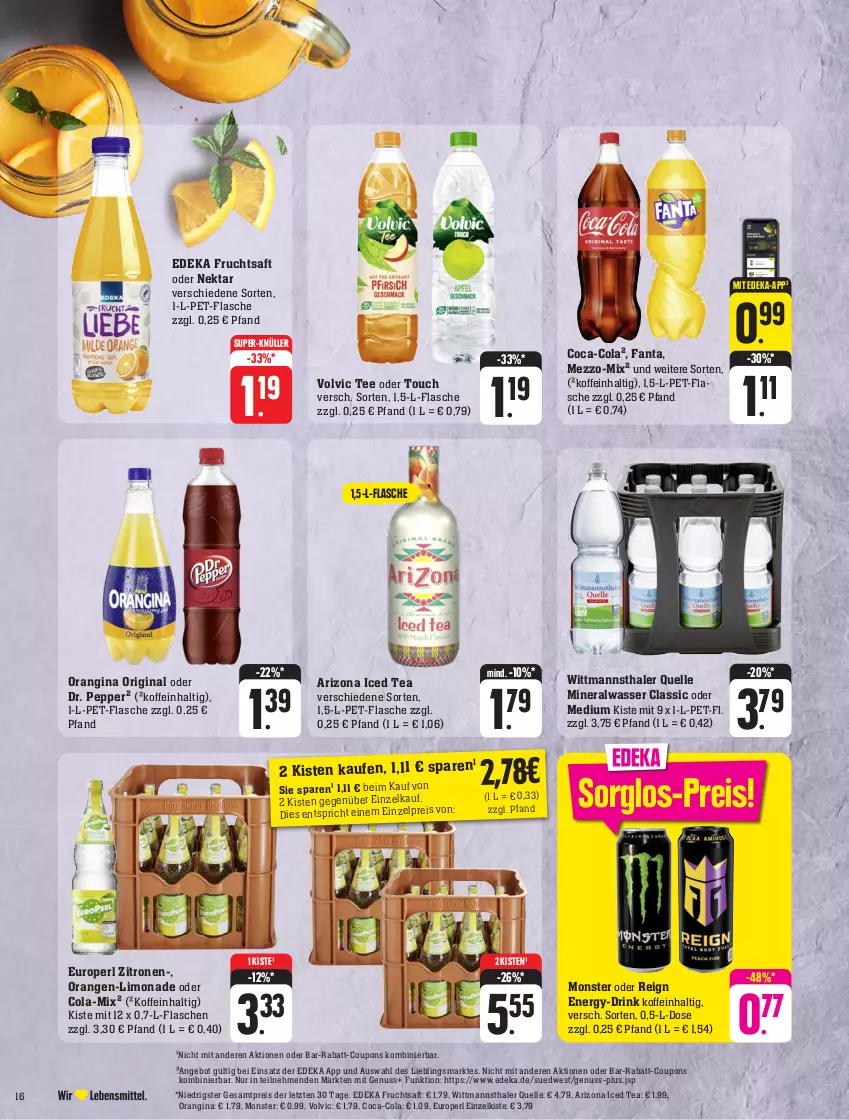 Aktueller Prospekt Edeka - Angebote der Woche - von 25.09 bis 30.09.2023 - strona 16 - produkty: Alwa, angebot, coca-cola, cola, coupon, coupons, deka, drink, eis, elle, fanta, flasche, frucht, fruchtsaft, gin, limo, limonade, mineralwasser, Mineralwasser Classic, monster, Nektar, nuss, orange, orangen, orangina, pet-flasche, rabatt-coupon, reis, saft, super-knüller, tee, Ti, volvic, wasser, zitrone, zitronen, ZTE