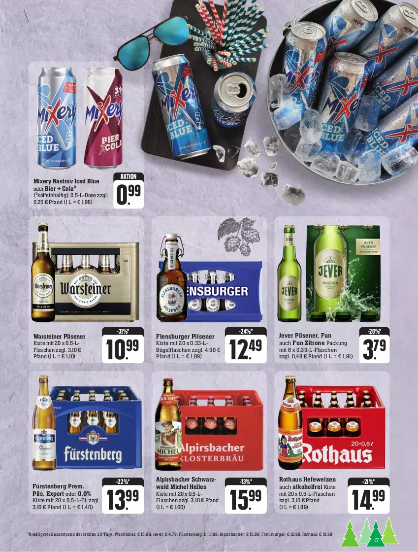 Aktueller Prospekt Edeka - Angebote der Woche - von 25.09 bis 30.09.2023 - strona 17 - produkty: alkohol, Alpirsbacher, bier, bügel, bügelflasche, burger, cola, eis, elle, flasche, flensburger, Fürstenberg, Hefe, hefeweizen, jever, jever pilsener, Mixer, mixery, pils, pilsener, reis, steiner, Ti, warsteiner, zitrone, ZTE