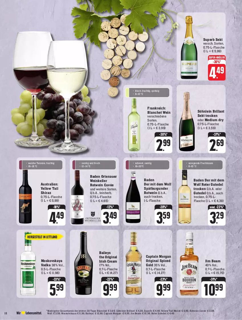 Aktueller Prospekt Edeka - Angebote der Woche - von 25.09 bis 30.09.2023 - strona 18 - produkty: auer, aust, Bad, baileys, brillant sekt, burgunder, Cap, captain morgan, cuvée, eis, elle, flasche, frucht, gin, irish cream, jim beam, merl, merlot, moskovskaya, original spiced gold, ortenauer, reis, rotwein, Rubin, sekt, söhnlein, söhnlein brillant, spätburgunder, super-knüller, Ti, vodka, wein, yellow tail, ZTE