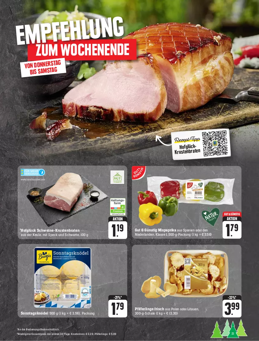 Aktueller Prospekt Edeka - Angebote der Woche - von 25.09 bis 30.09.2023 - strona 21 - produkty: braten, eis, Knödel, krustenbraten, paprika, Pfifferlinge, reis, Schal, Schale, schwein, schweine, Speck, Ti, wein, weine, ZTE