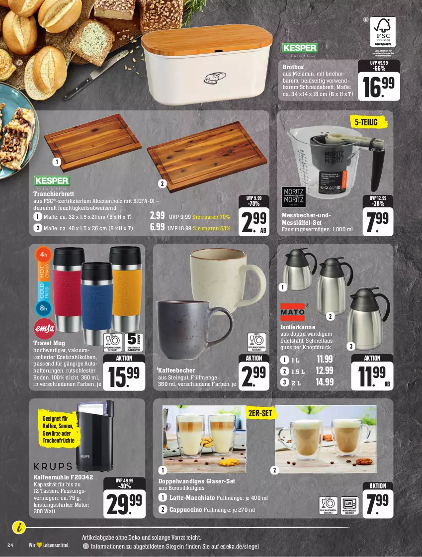 Aktueller Prospekt Edeka - Angebote der Woche - von 25.09 bis 30.09.2023 - strona 24 - produkty: ACC, auer, auto, Becher, bio, brot, Cap, cappuccino, chia, cin, deka, edelstahl, eis, früchte, gewürz, Gläser, Holz, isolierkanne, kaffee, kaffeebecher, Kaffeemühle, latte, Löffel, mac, macchiato, Messbecher, rwe, schneidebrett, tasse, Ti, Tranchierbrett, travel mug, Trockenfrüchte