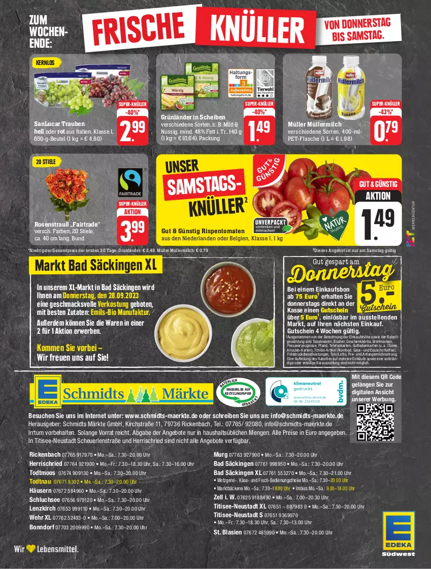 Aktueller Prospekt Edeka - Angebote der Woche - von 25.09 bis 30.09.2023 - strona 28 - produkty: angebot, angebote, Bad, beutel, bio, brie, Clin, eduscho, eis, Elan, elle, erde, Faktu, fisch, flasche, grünländer, guthabenkarte, gutschein, Heu, kaffee, Käse, LG, mac, milch, Müller, müllermilch, nuss, papier, pet-flasche, reis, rispentomaten, rosen, Rosenstrauß, rwe, super-knüller, Tchibo, telefon, Ti, tomate, tomaten, trauben, uhr, wasser, ZTE